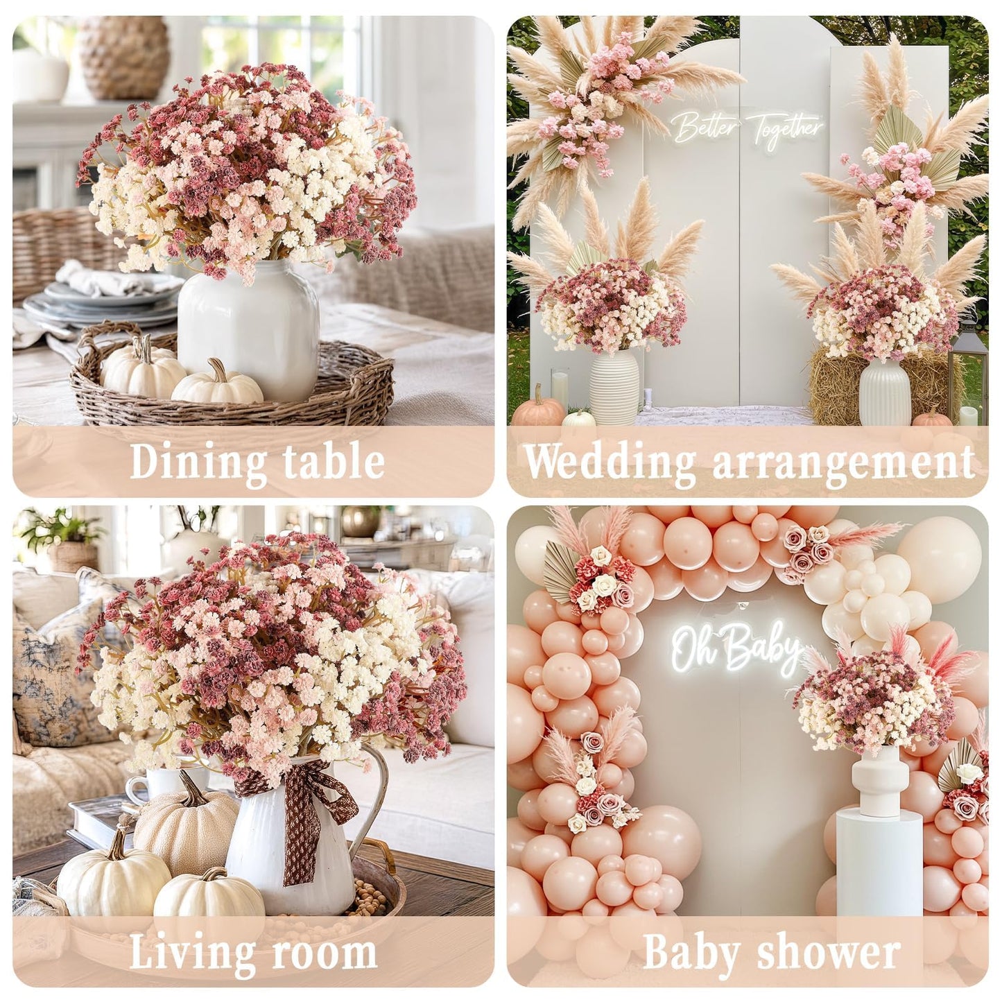 N&T NIETING Baby Breath Flowers Artificial Bulk, 10Pcs Fake Gypsophila Plants Bouquets Flowers Real Touch Faux Babies Breath Arrangement for Home Wedding Party Vase Decoration Fall Pink