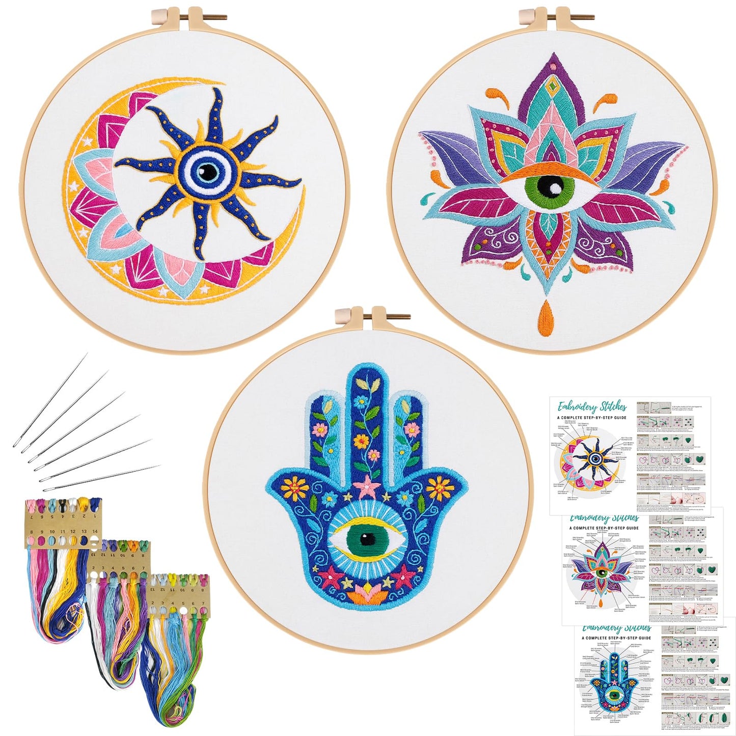 Louise Maelys 3 Set Tarot Evil Eye Embroidery Kits for Beginners,Adults Starter Cross Stitch Kit DIY Needlepoint with Hamsa Hand Sun Moon louts Flower Pattern