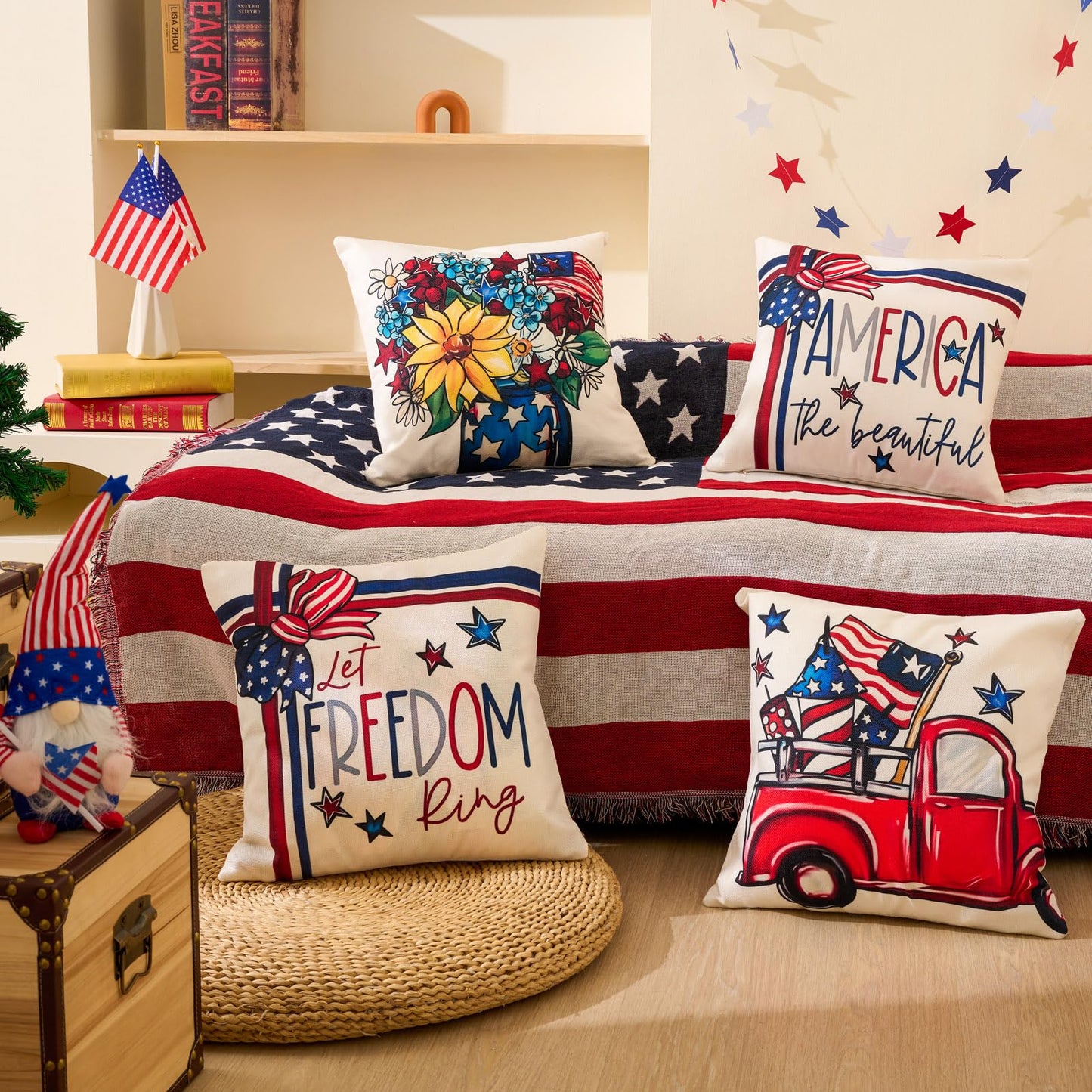 4th of July Decor-Throw Pillow Covers 18x18in Set of 4,Patriotic Linen Pillow Case for Independence Day,Memorial Day,Veteran's Day,USA,American Summer Outdoor Red White Blue Decorations