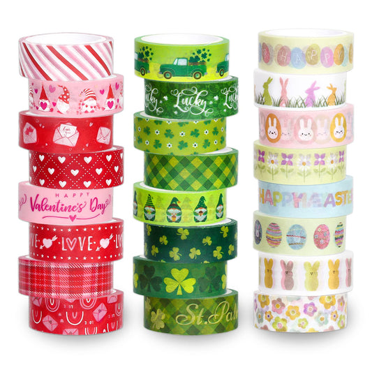 24 Rolls Holiday Washi Tape Set Valentine's Day Red Love Heart Masking Tape St. Patrick's Day Green Clover Happy Easter Decorative Paper Tape Stickers for Scrapbook DIY Craft, 16.4Ft