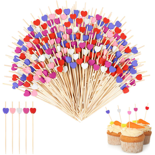 200 Pieces Valentine's Day Classic Color Heart Cocktail Picks 4.72 Inch Wooden Toothpicks Cocktail Skewers Appetizers Picks Party Supplies for Birthday, Wedding, Baby Shower