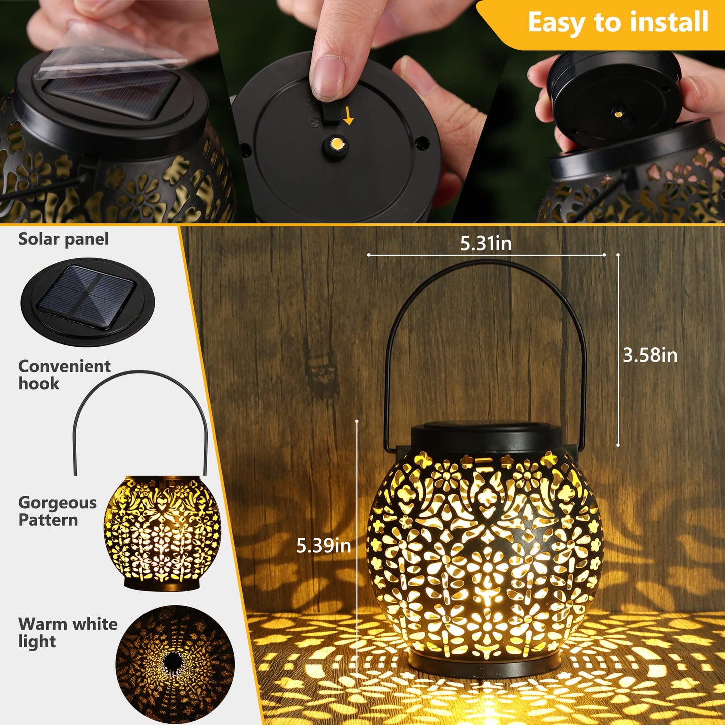 Solar Lantern Lights, 2 Pack Outdoor LED Hanging Lantern Lights with Star Projection, Warm White Solar Garden Lighting Retro Table Lanterns Light Waterproof for Garden Patio Courtyard Path