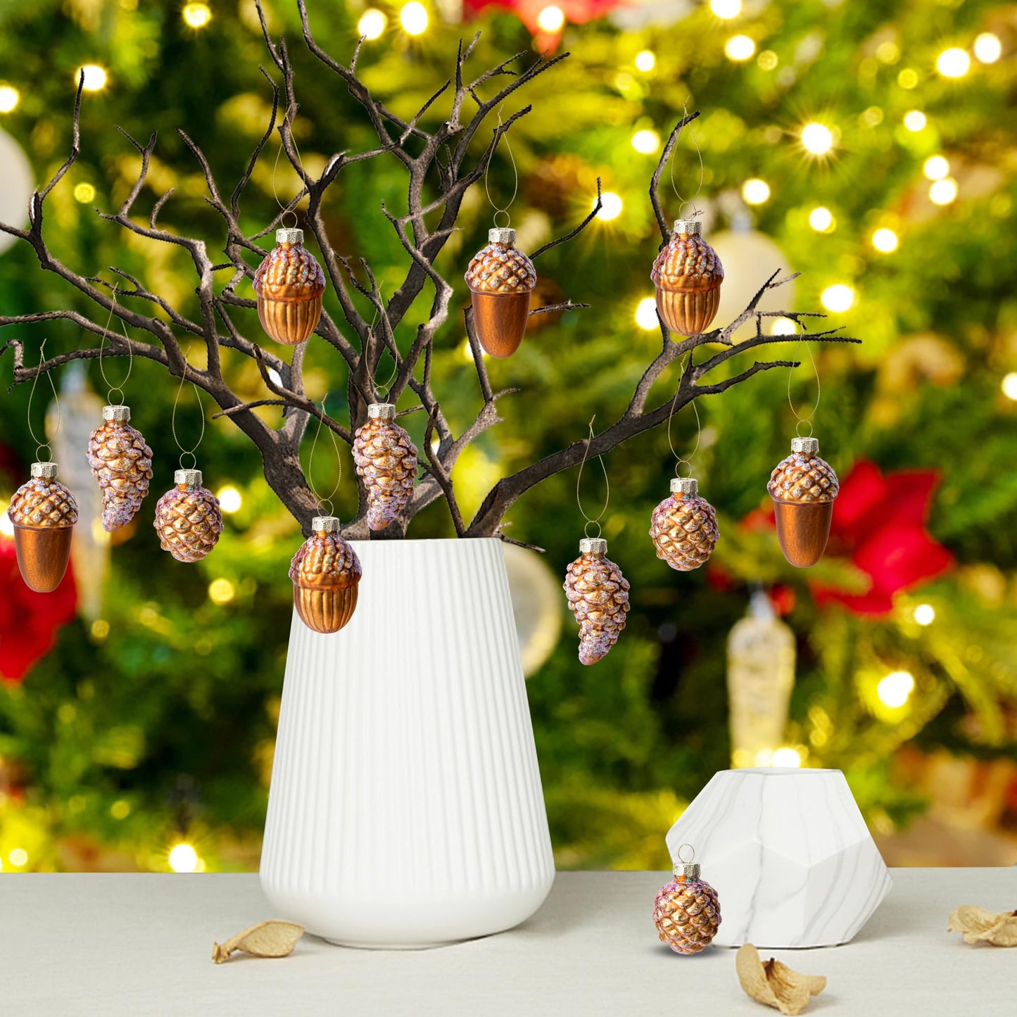 12 Pcs Christmas Glass Pinecone Ornaments- Christmas Pinecone Glass Blown Ornaments- Fall Hanging Pine Cone Glass Ornaments for Christmas Tree Fall Thanksgiving Day Decoration (A Style)