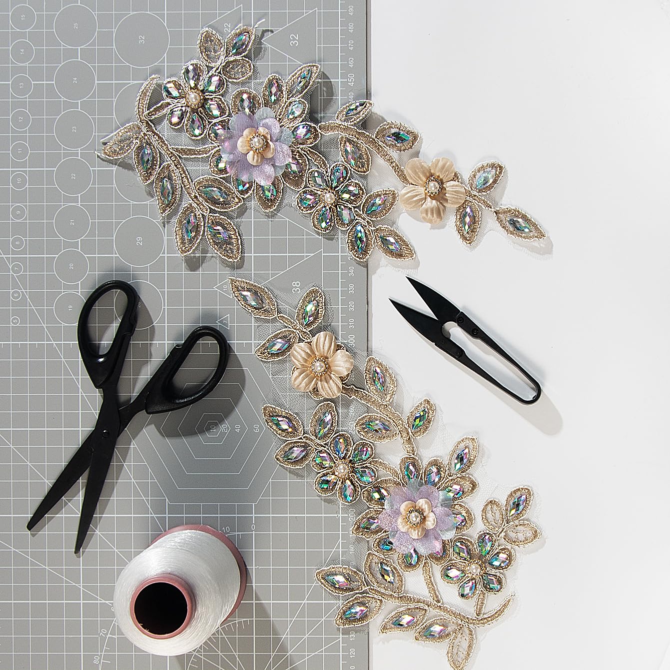 Silvora Pair Embroidered Beaded Pearl Flower Fabric Colorful Rhinestones Applique, Handmade Sewing Tool for Wedding Dress Gown Bodice Costume Clothing Craft DIY