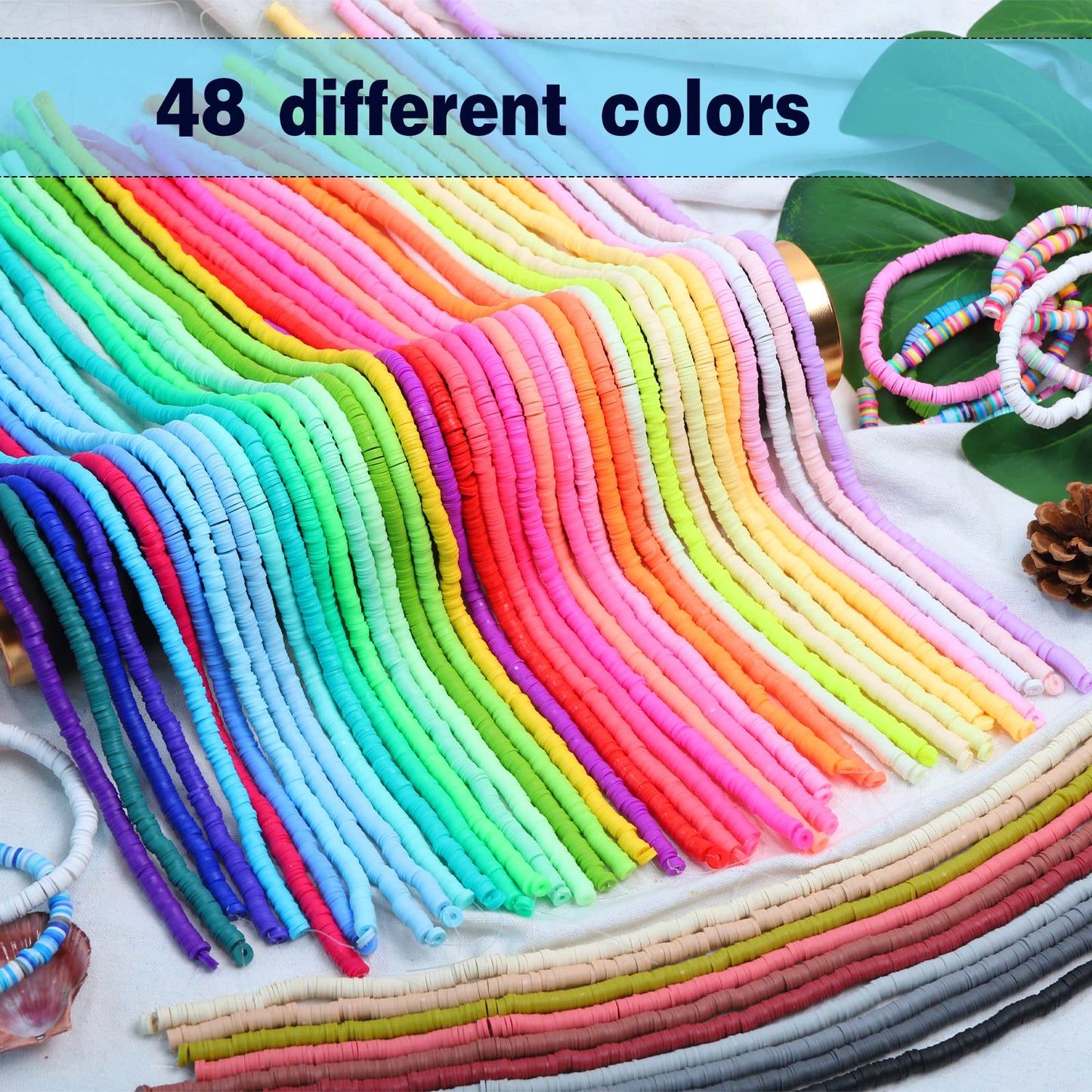 18500 Pcs 48 Strands Clay Beads Polymer Heishi Flat Round Disc and Alphabet Letter Beads for Bracelet Jewelry Making DIY Necklace Earrings, 48 Colors 6mm