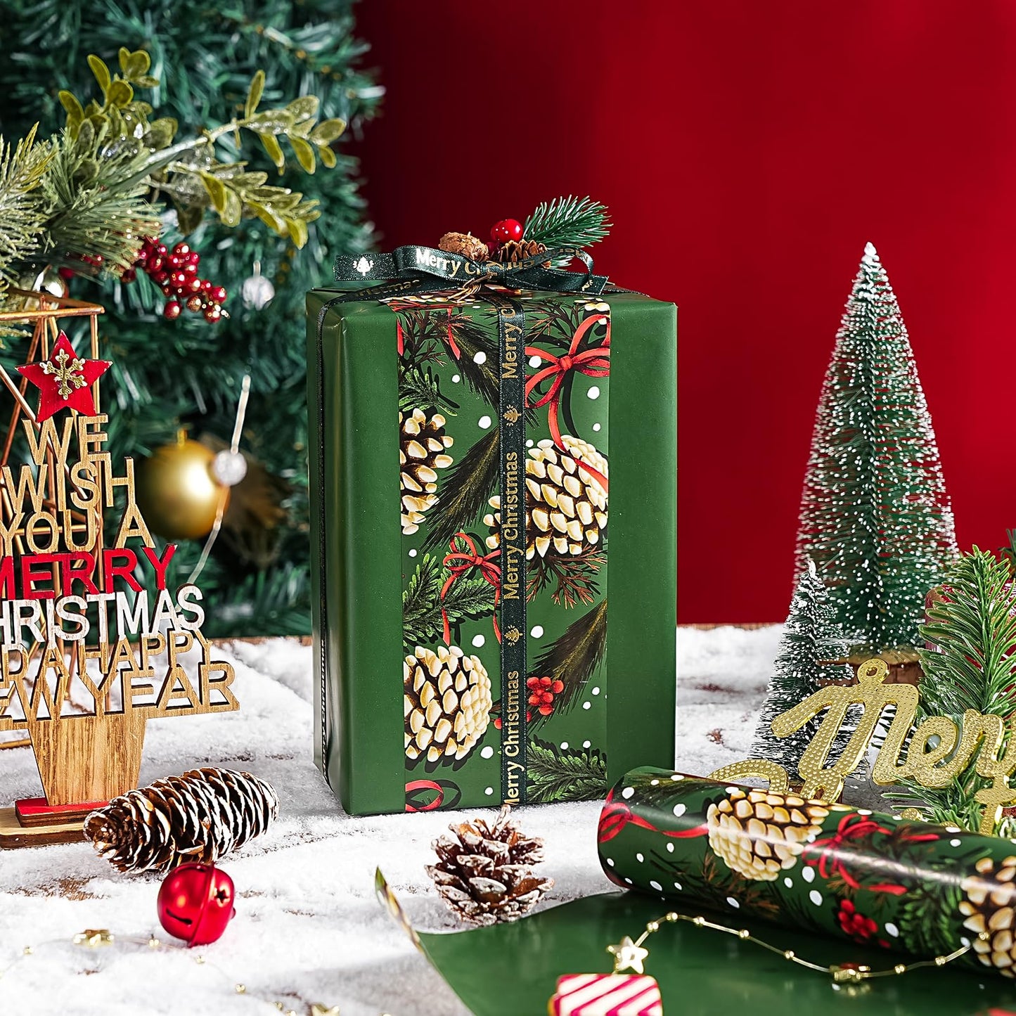 Reversible Green Christmas Wrapping Paper - Mini Roll - 17 Inch x 33 Feet - Pinecones with Red Bow Wrapping Paper and Solid Green for Xmas Holiday, Party Celebration