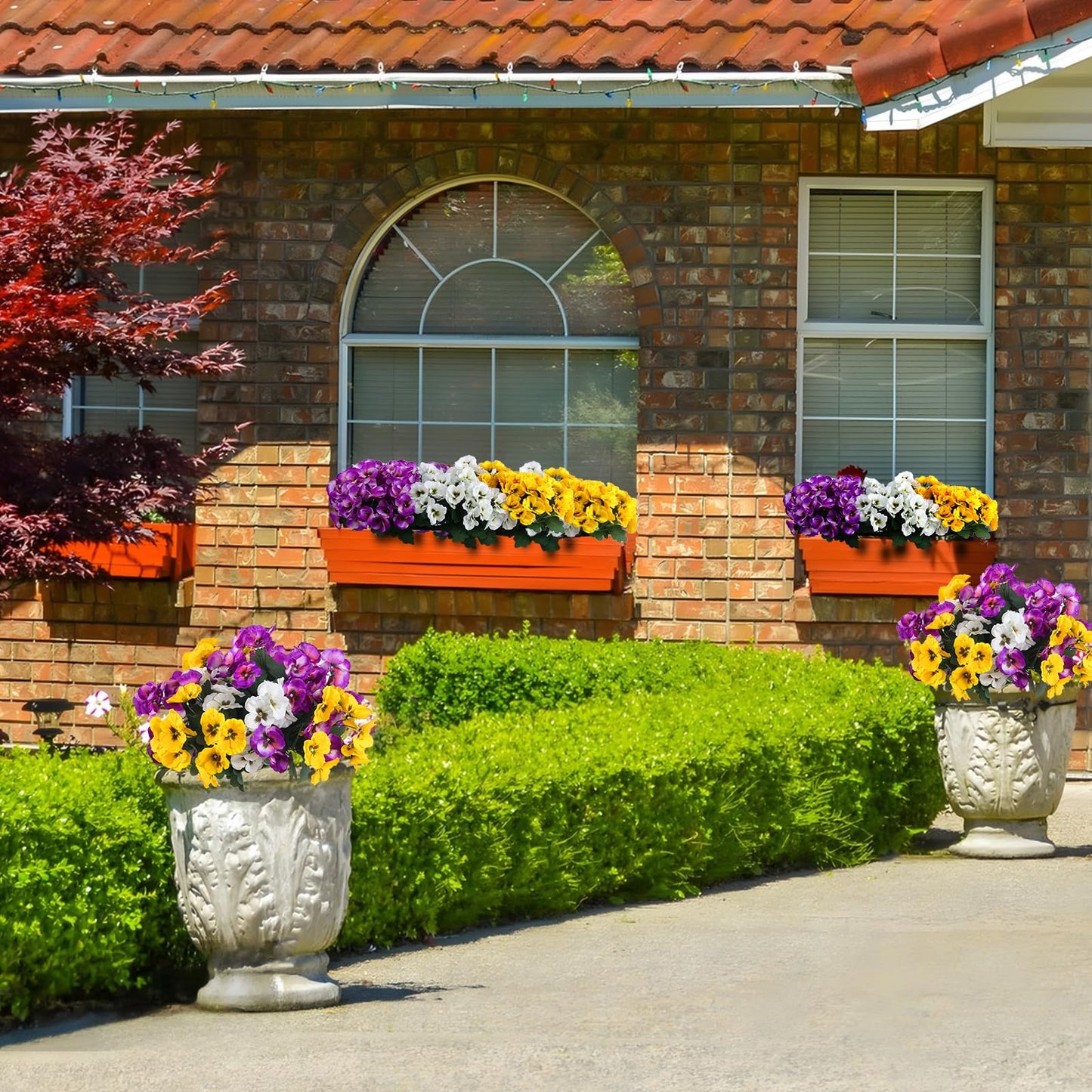 Hananona 12 Bundles Artificial Flowers Outdoor UV Resistant Artificial Silk Pansies Faux Plastic Flower in Bulk Fake Outdoor Plants(12, Yellow, White, Purple)