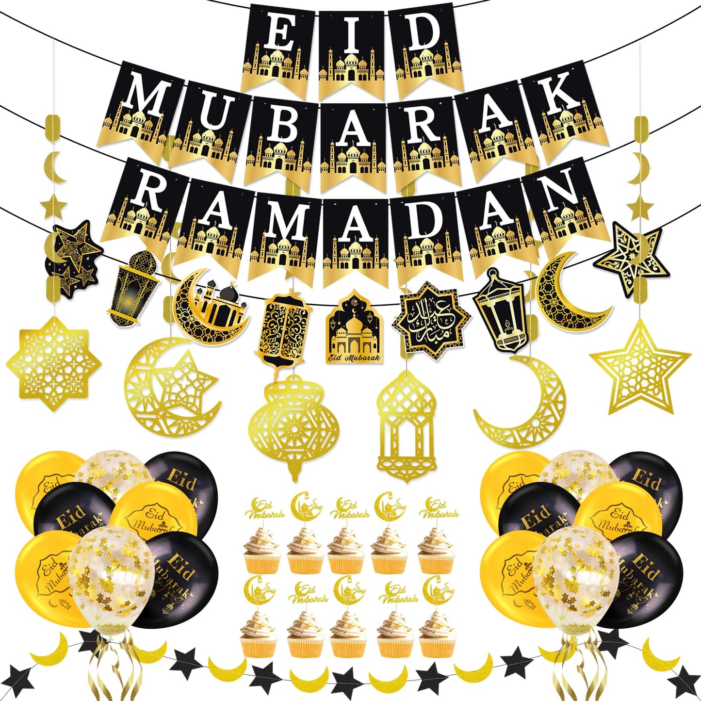 AhfuLife Ramadan Mubarak Decorations, Eid Decorations for Home - Preassembled Ramadan Eid Mubarak Banners, 16 Pcs Eid Balloons, 6 Pcs Islamic Star Moon Lantern Garland Streamer, 10 Pcs Cupcake Toppers