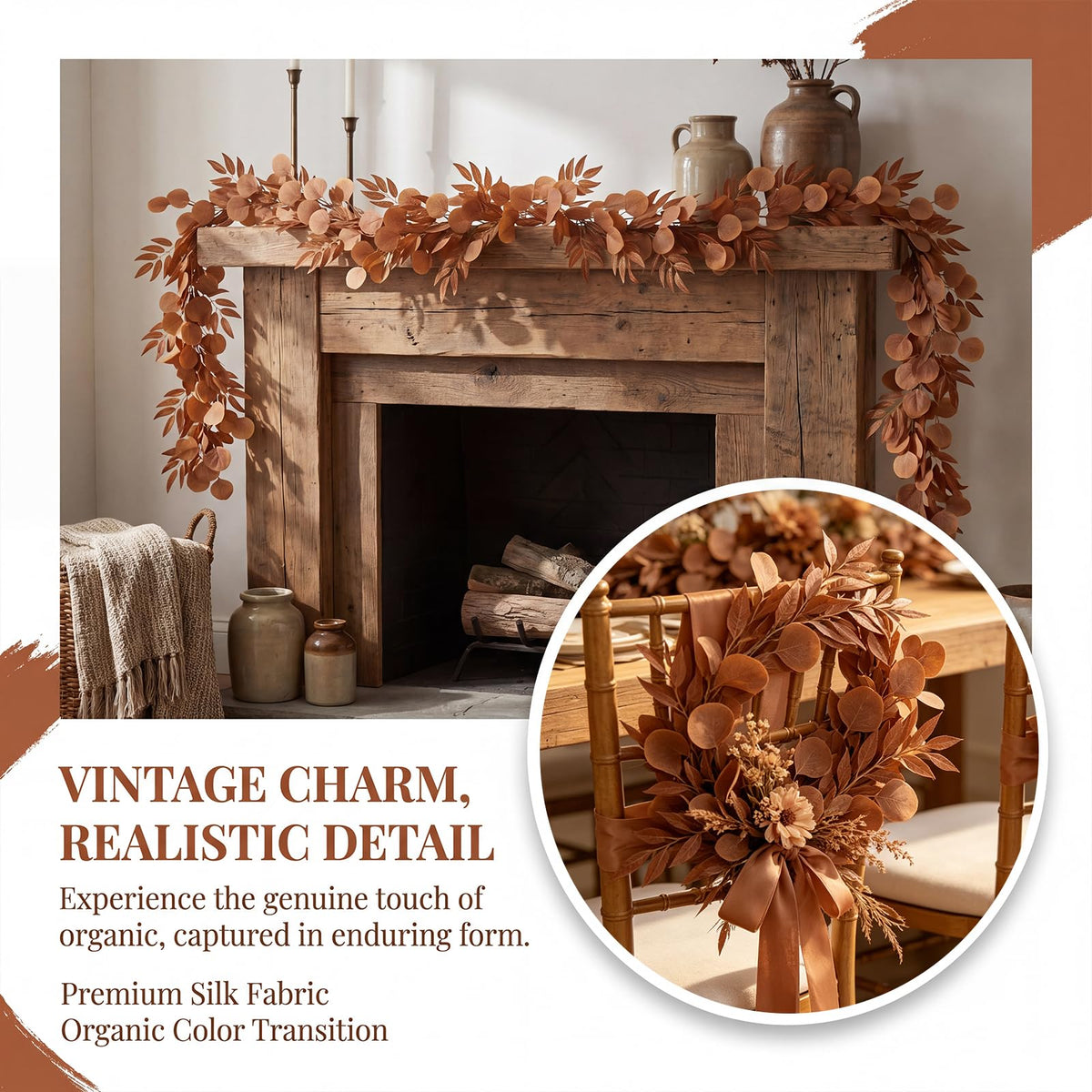 GREENTIME 2Pack 6.5Ft Fall Artificial Eucalyptus Garland with Willow Leaves