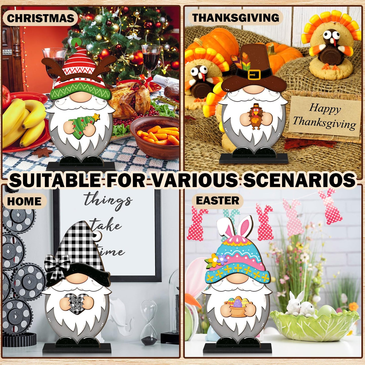 34 Pcs Christmas Interchangeable Wooden Gnome Decor DIY Holiday Christmas Seasonal Tiered Tray Decoration Gnomes with Magnet Pieces Welcome Sign for Xmas Holiday Decorations (Classic)