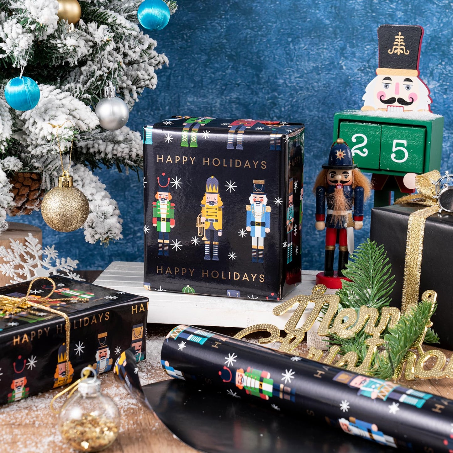 Reversible Nutcracker Christmas Wrapping Paper - Mini Roll - 17 Inch x 33 Feet - Foil Black Nutcracker Wrapping Paper for Christmas Holiday, Party Celebration
