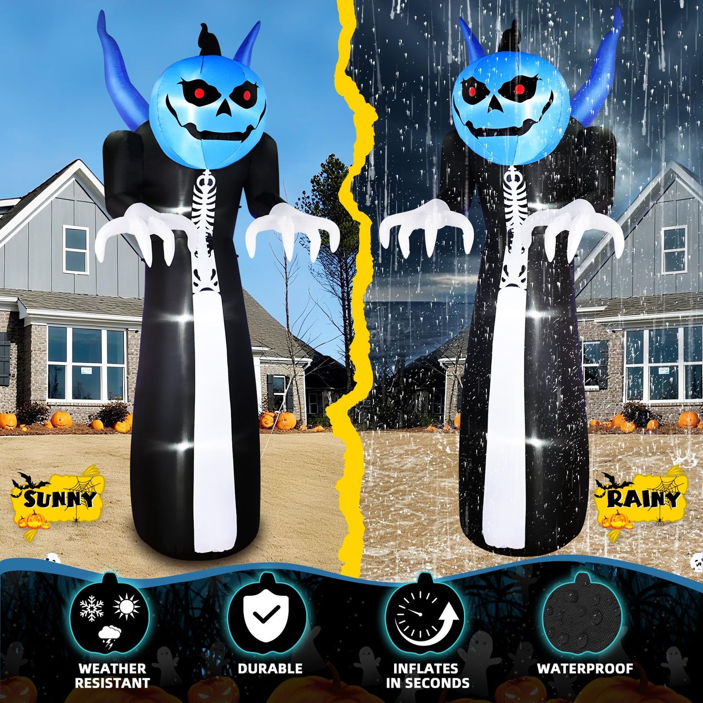 12FT Halloween Inflatables Pumpkin Reaper, Giant Pumpkin Ghost Inflatable Halloween Decorations with Blue Rotating LED Lights Blow Up Yard Decorations for Holiday Party Outdoor Garden Lawn