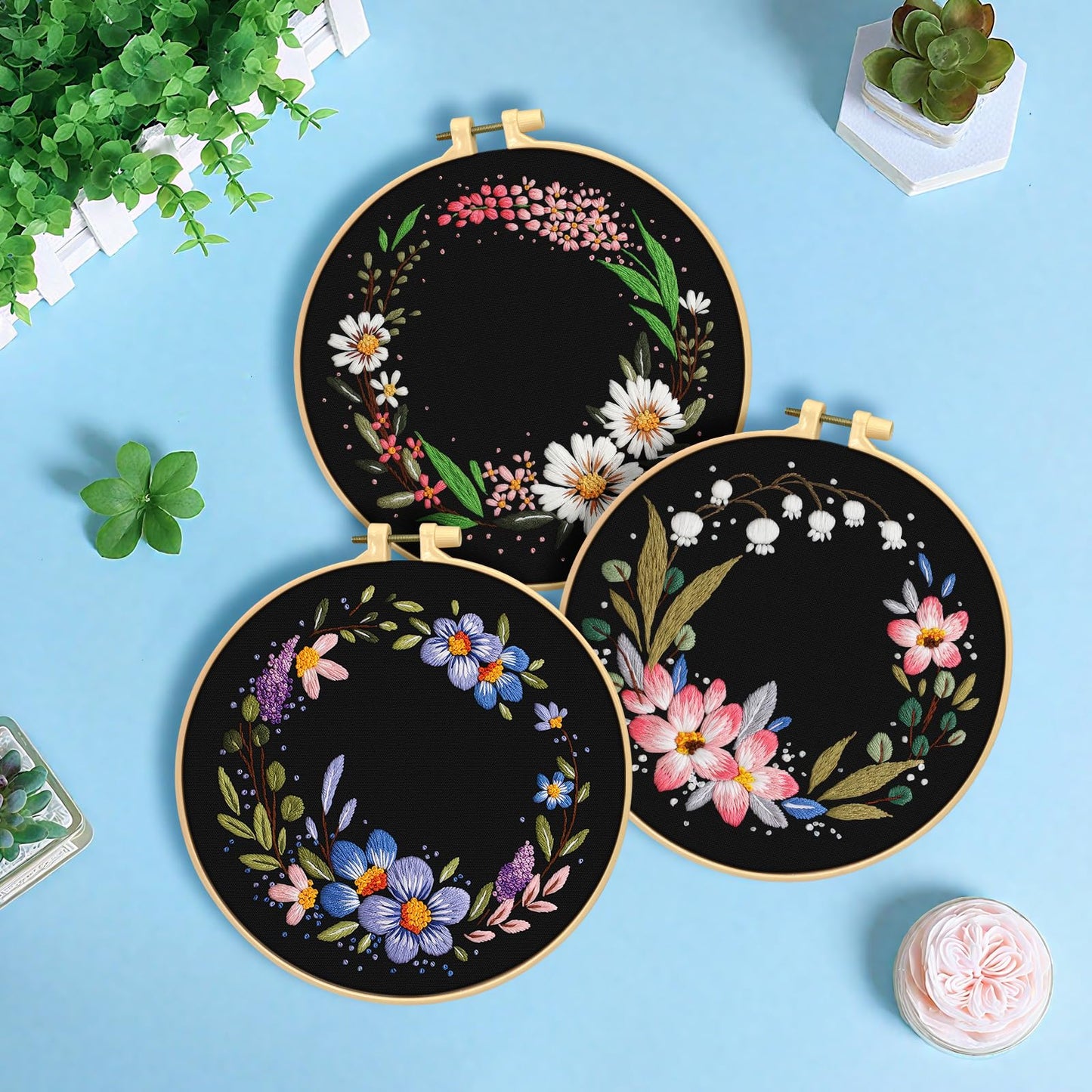 3 Sets Embroidery Kit, Floral Cross Stitch Set for Include Embroidery Cloth Hoops Threads for Craft Lover Hand Stitch (Garlands)