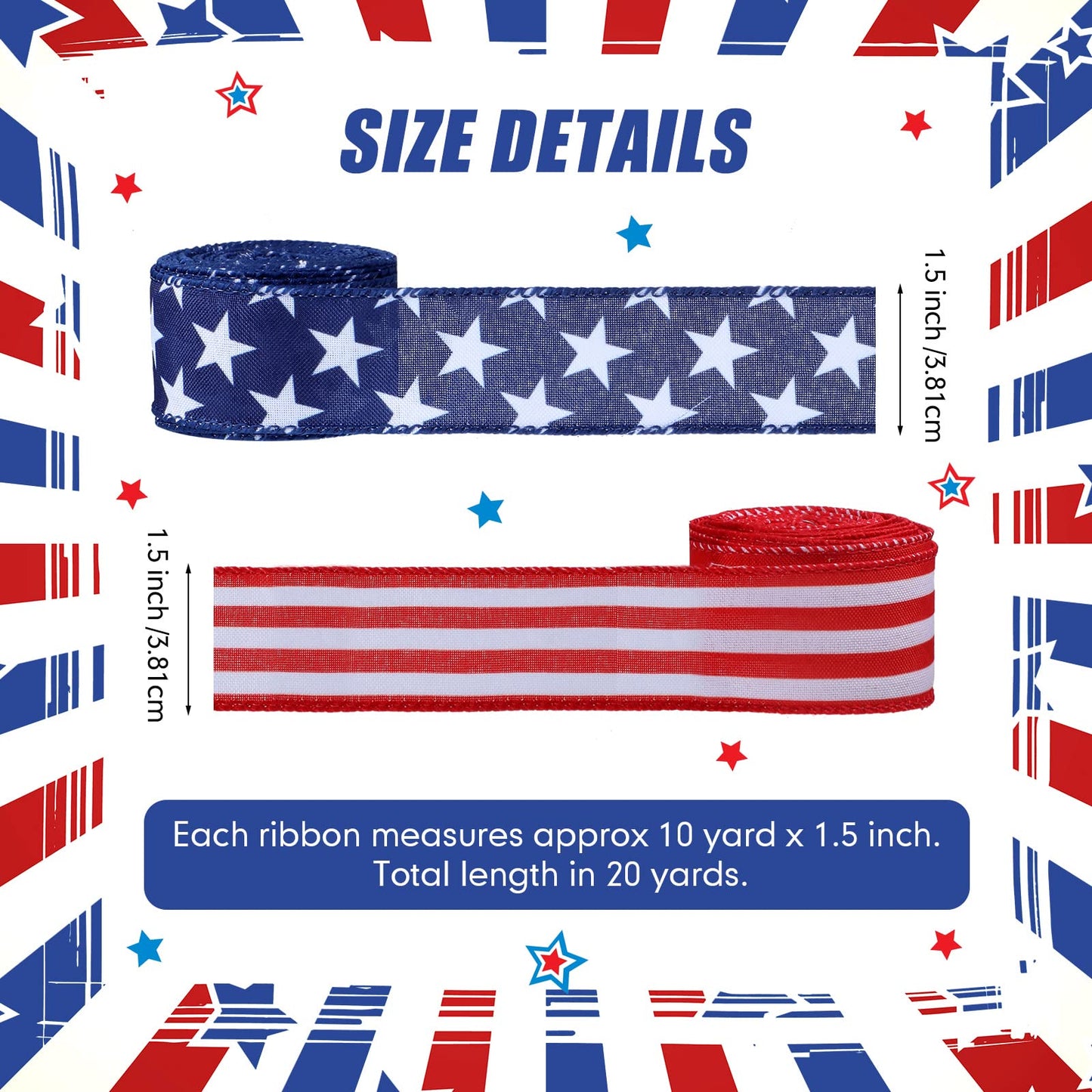 Hoteam 250th Anniversary 2 Rolls 20 Yard Red White and Blue Ribbon Patriotic Star and Striped Wired Royal USA Ribbon DIY Crafts for Xmas Holiday Decor(1.5 Inch,Red, White, Blue)