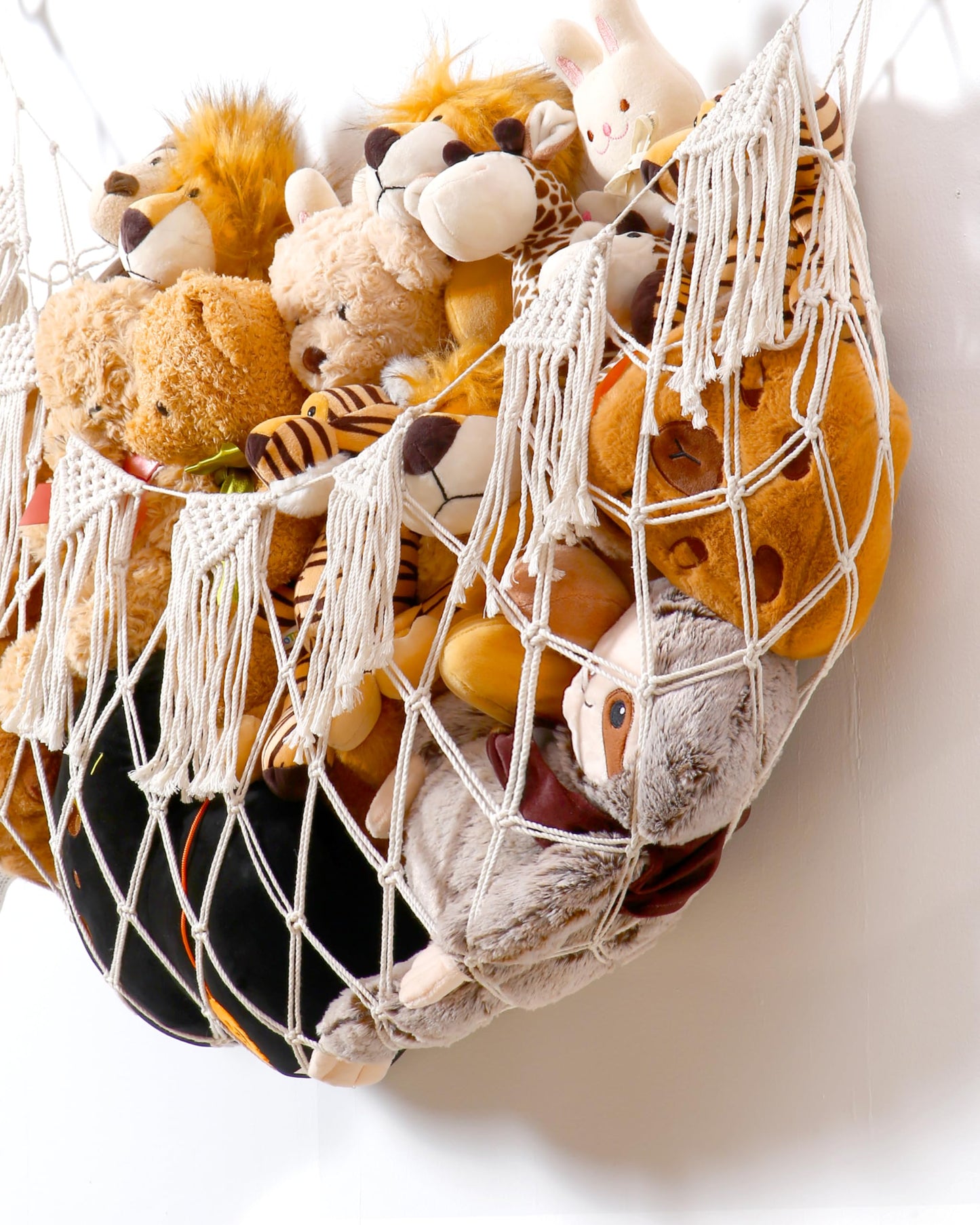 Stuffed Animal Storage Hammock with Lights- Boho Wall Hanging Plushie Net for Stuff Aanimal Organizer and Teddy Bear Storage, Small Toy Hammock for Kids Bedrooms Playroom Nursery(White Small)