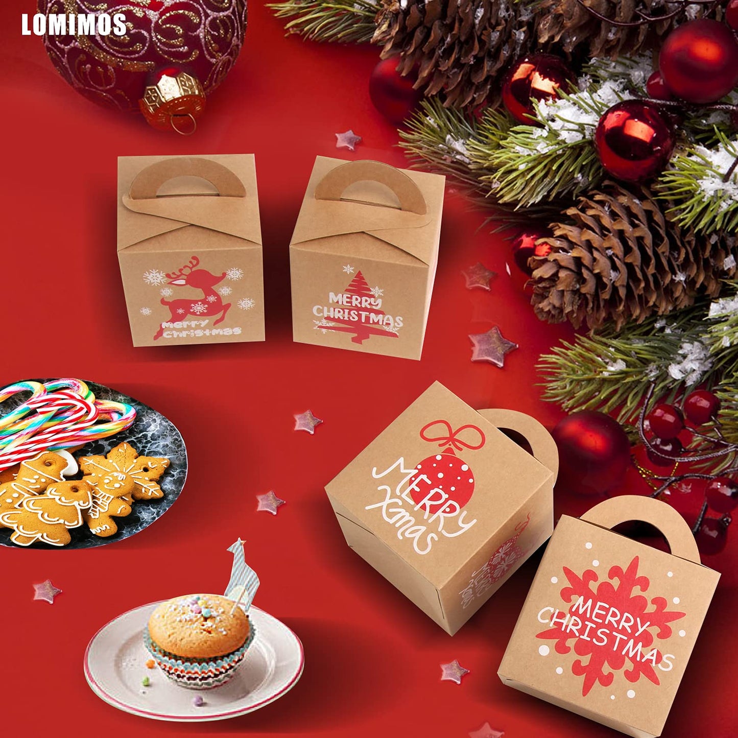 LOMIMOS 24PCS Christmas Bakery Boxes,Mini Kraft Cardboard Boxes for Cupcakes Cookies Brownies Donuts Dessert Gift-Giving Packaging