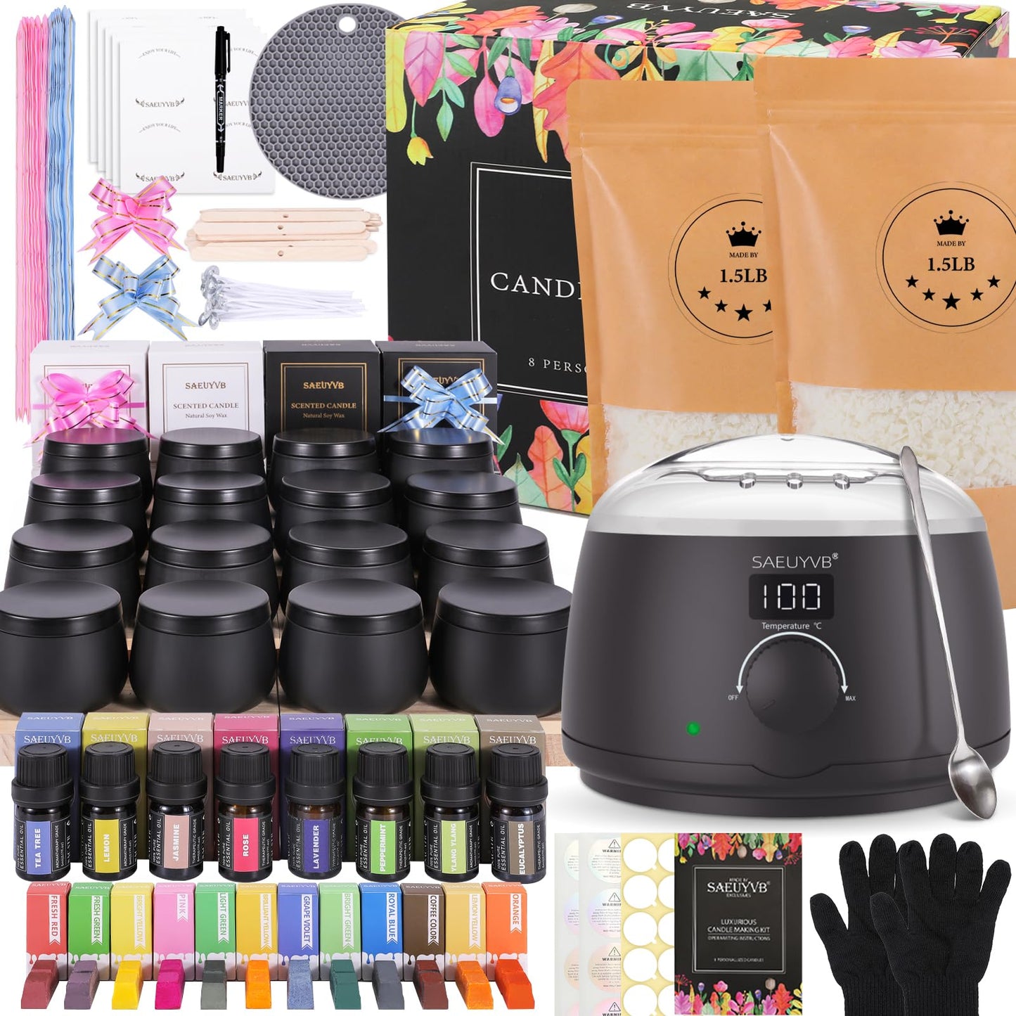 Candle Making Kit for Adults with Hot Plate, DIY Starter Soy Candle Making Supplies/Kit - Perfect as Home Decorations（Black）