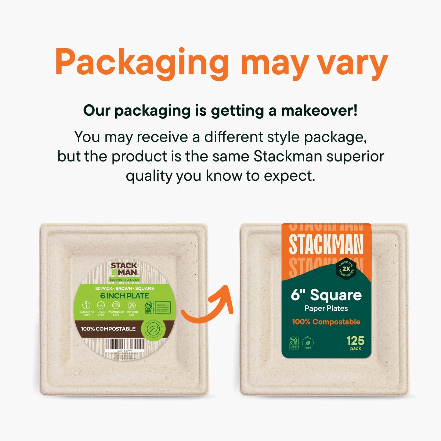 100% Compostable Square Paper Plates [50-Pack] - {PFAS-Free} - {BPI Certified} - [6 Inch] Heavy Duty, Eco-Friendly, Biodegradable Bagasse Dinner Plates - Natural Brown 6" Plate by Stack Man