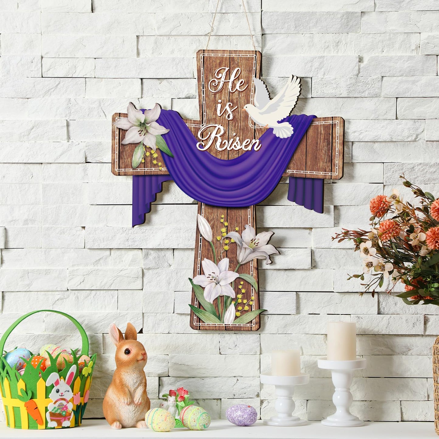 Easter Door Sign He Is Risen Hanging Decor Religious Cross Sign Easter Wreaths for Front Door Christian Flowers Lent Hanging Hanger for Farmhouse Front Porch(Cross,15.75 x 19.69 Inches)