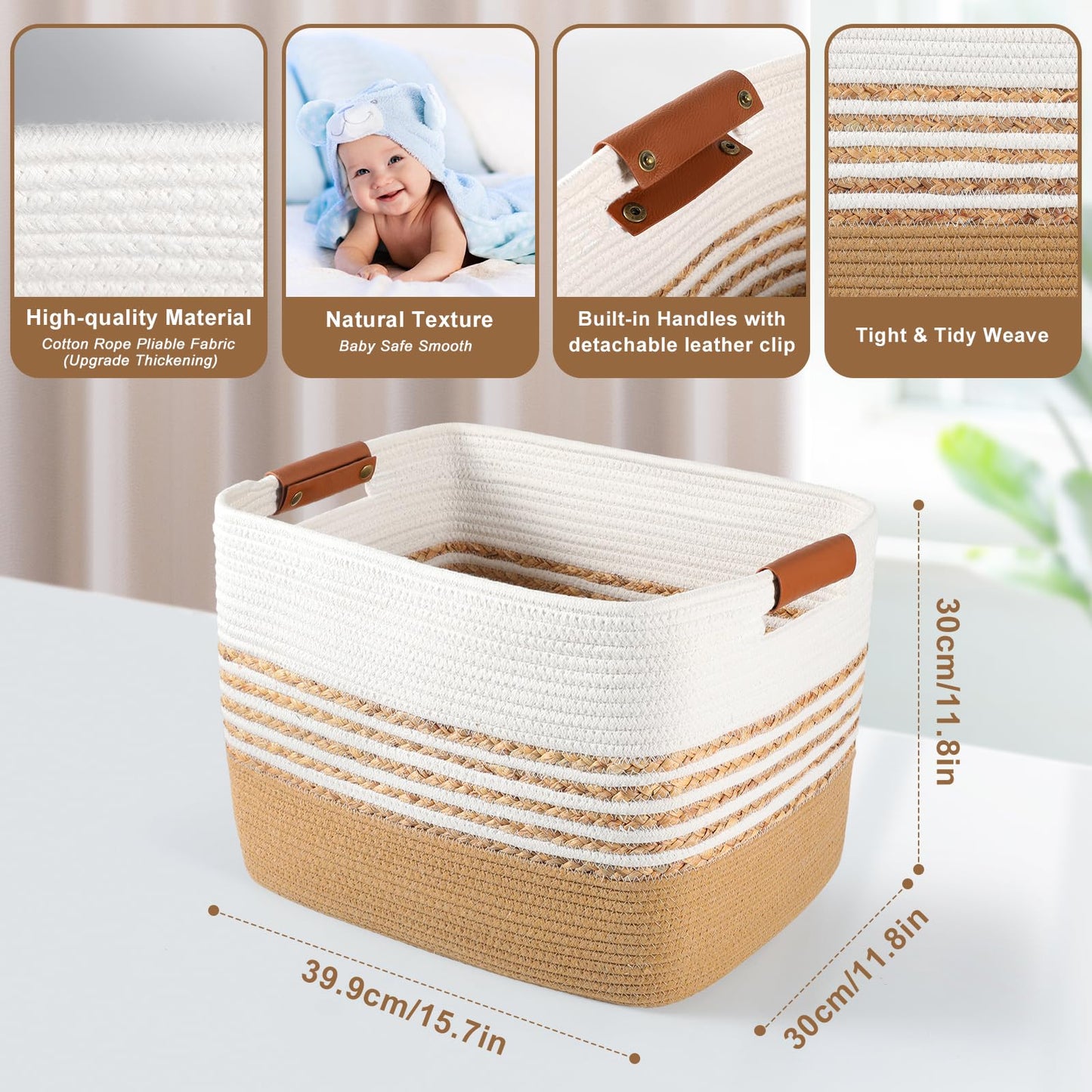 LWYMX Woven Baskets for Storage Gifting, 15.7"x11.8"x11.8" Cotton Rope Basket with Handles Gift Storage Basket for Organizing Bins, Nursery Toy Laundry Blanket Basket for Living Room Closet Shelves