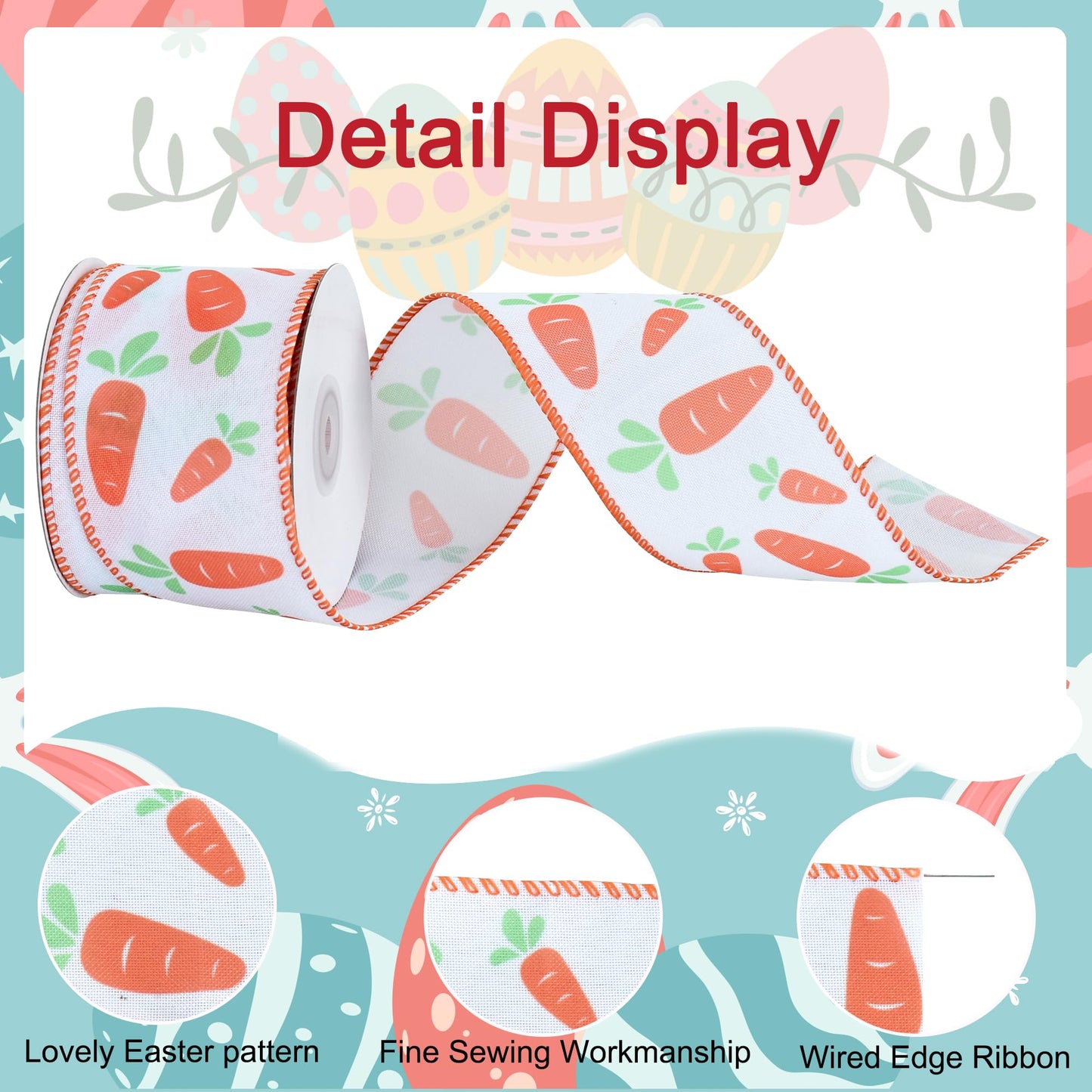 2-1/2 Inch x 10 Yards Easter Wired Burlap Ribbon with Carrots Pattern for Handmade Crafts, Wreaths and Gift Wrapping, Basket Decor, Bows Making, Easter Day Decor, Indoor and Outdoor Decoration
