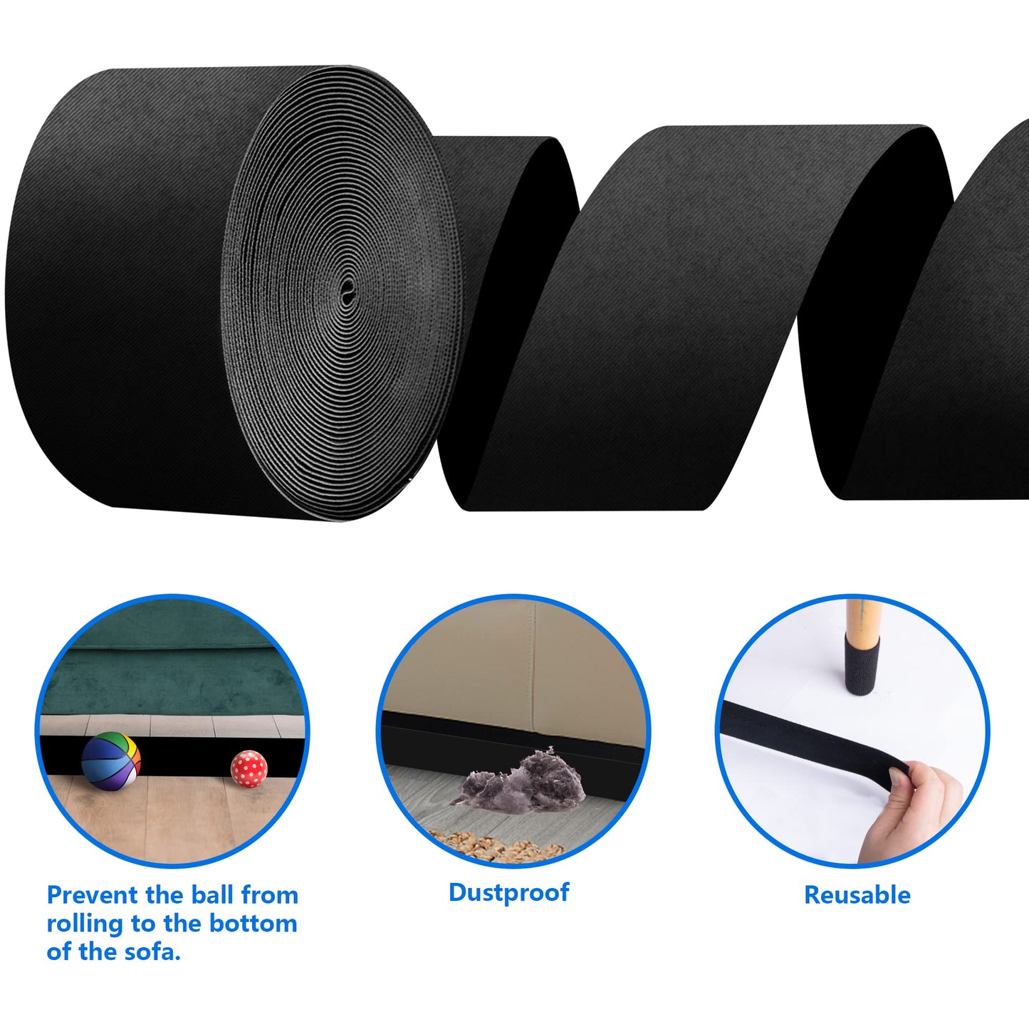 32.8 Feet Under Sofa Toy Blocker,Adjustable Gap Bumper,Sectional Connectors for Sliding Sofas,Bumper Guard for Avoid Things Sliding Under Couch & Furniture(Include 19.6" Adhesive Mounting Strap)