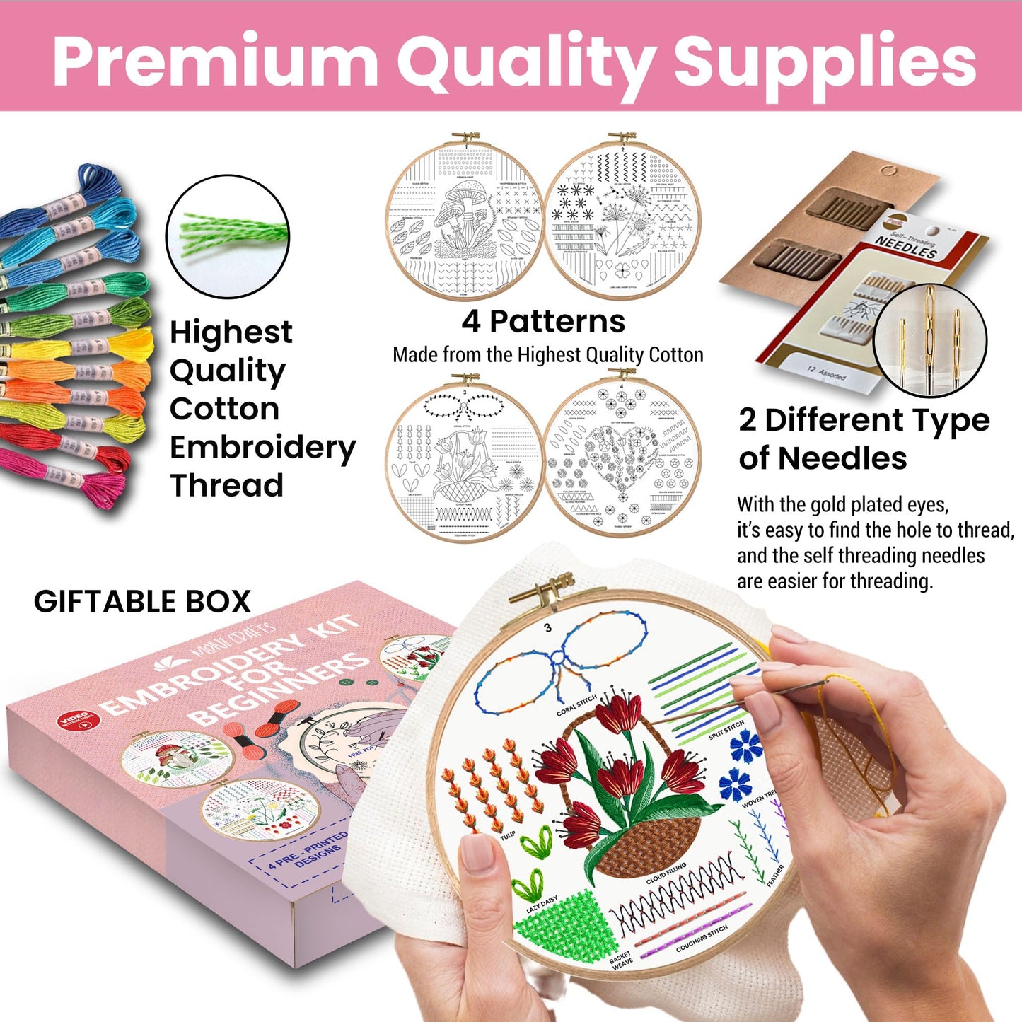 Moni Crafts Adult Beginner Embroidery Kit – 4 Pre-Printed Patterns (Flower, Mushroom, Floral, Heart) – Learn 41 Stitches, Hand Embroidery Starter Craft Set