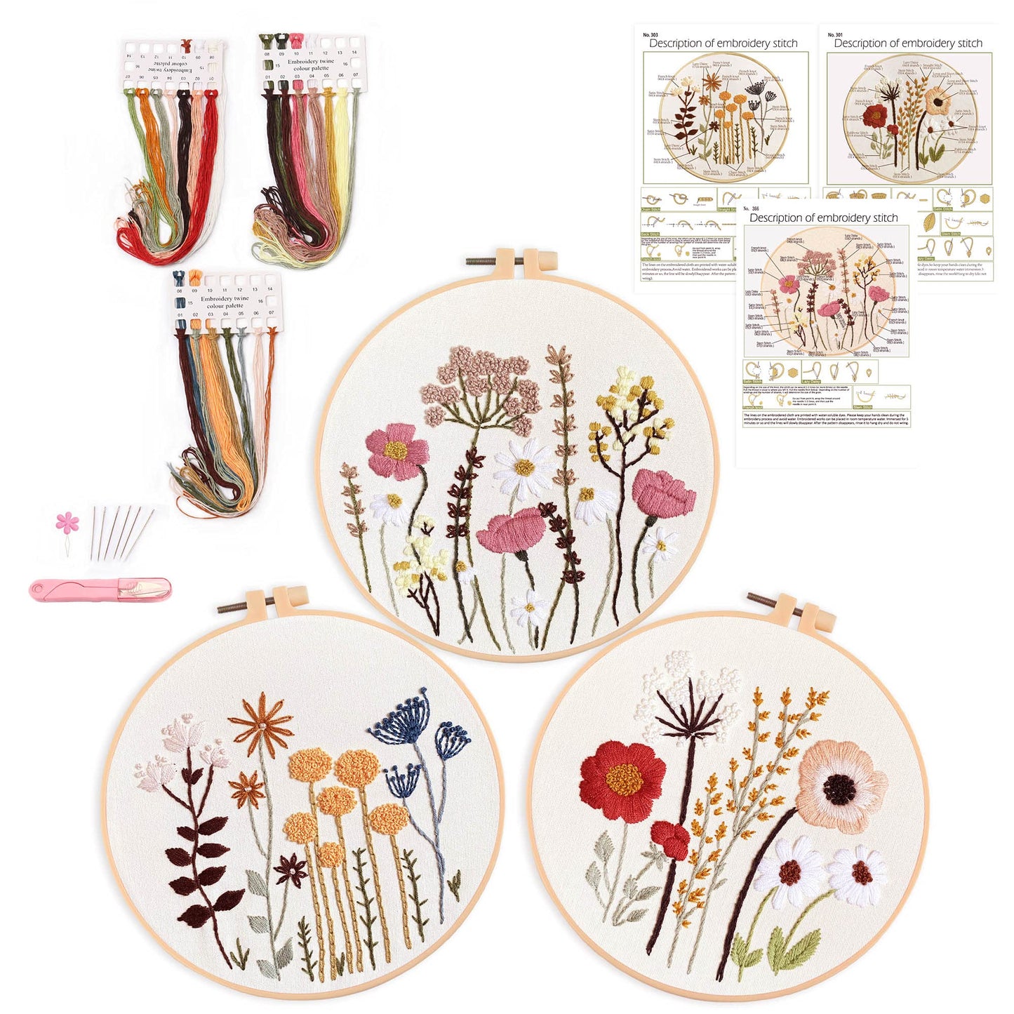 Harimau 3 Pack Embroidery Kit for Beginners , Floral Plant Pattern,Cross Stitch Kits Set , Including Stamped Embroidery Cloth with 3 Embroidery Hoops, Color Threads and Tools (Flower)
