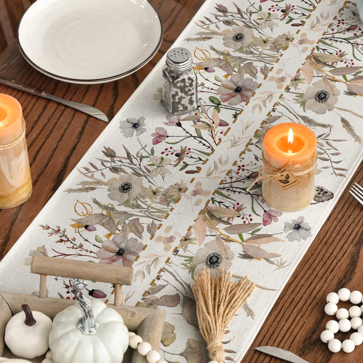 Wildflower Leaves Floral Fall Table Runner, Autumn Thanksgiving Kitchen Dining Table Decoration for Indoor Outdoor Home Party 13x72 Inch