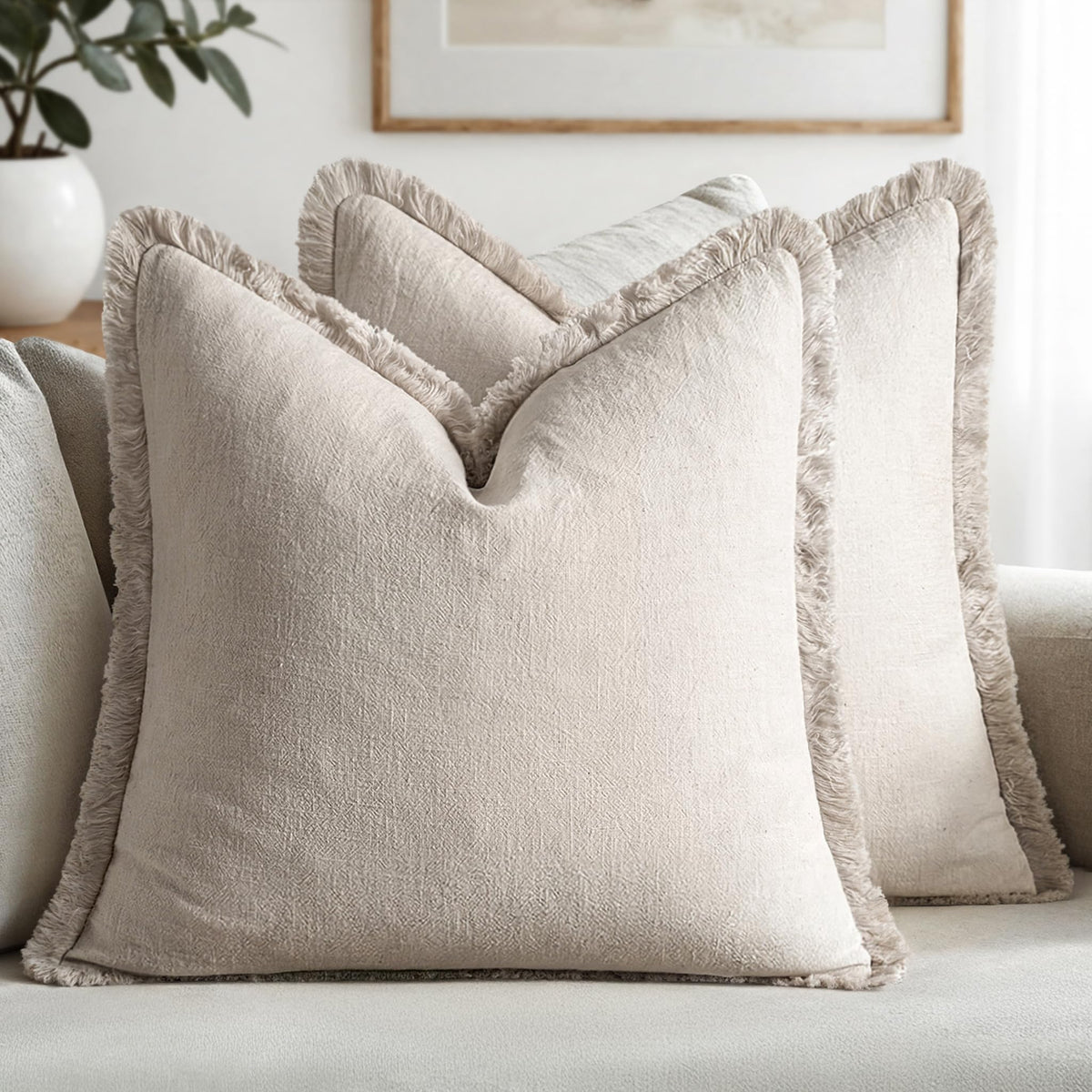 Linen Fringe Decorative Throw Pillow Covers Natural Beige 20x20