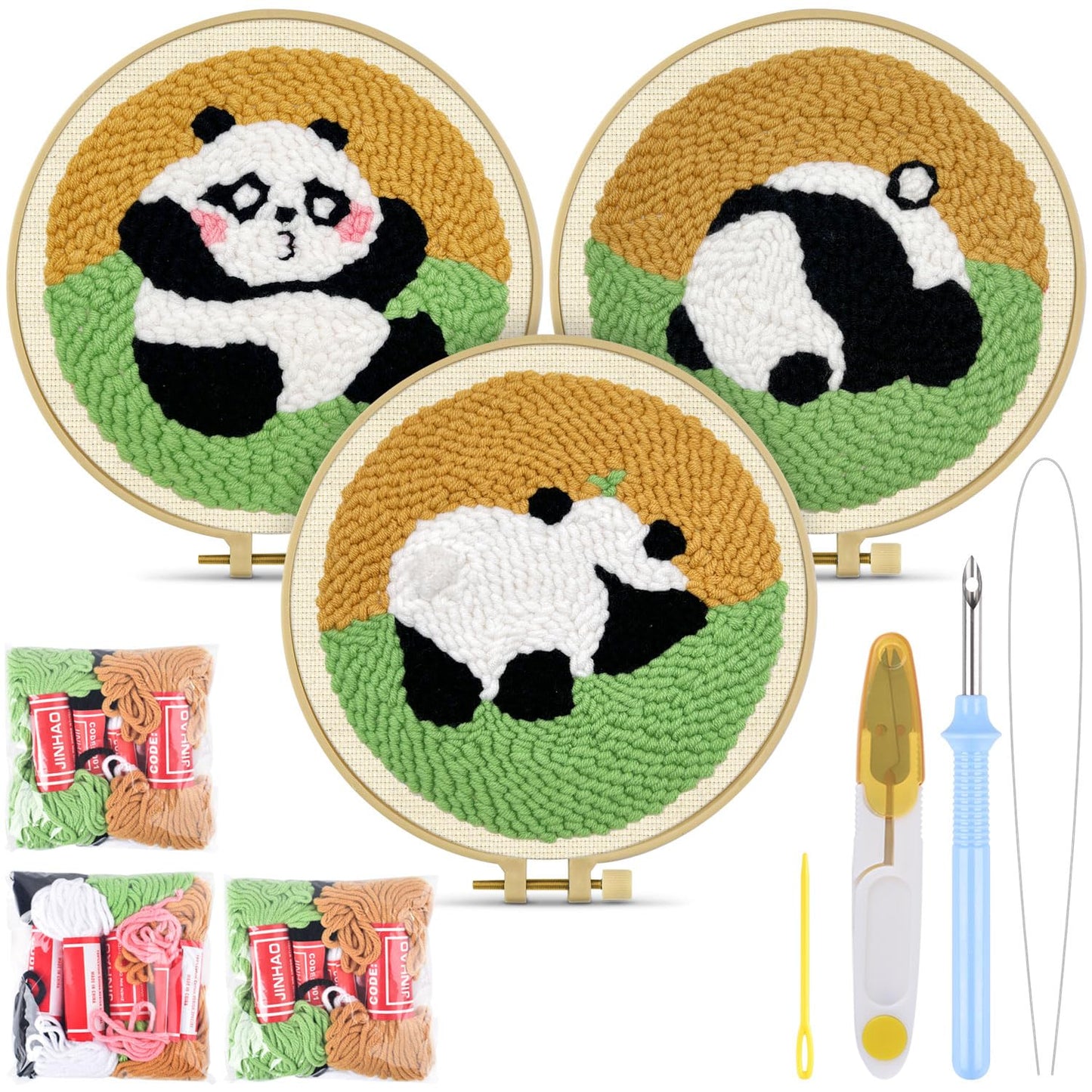 3 Sets Punch Needle Kits, Panda Punch Embroidery Kits for Adults Beginner, Tool with Punch Needle Fabric, Hoops, Yarns and Sewing Needles