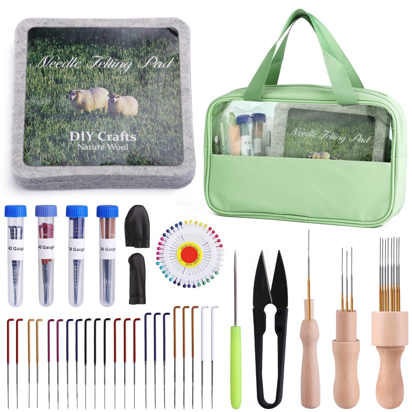 Felting Kit - 6"x6" Felting Pad & Tools with Needles, Finger Guards, Wooden Handle Scissor, Bag for Beginner & Professional DIY