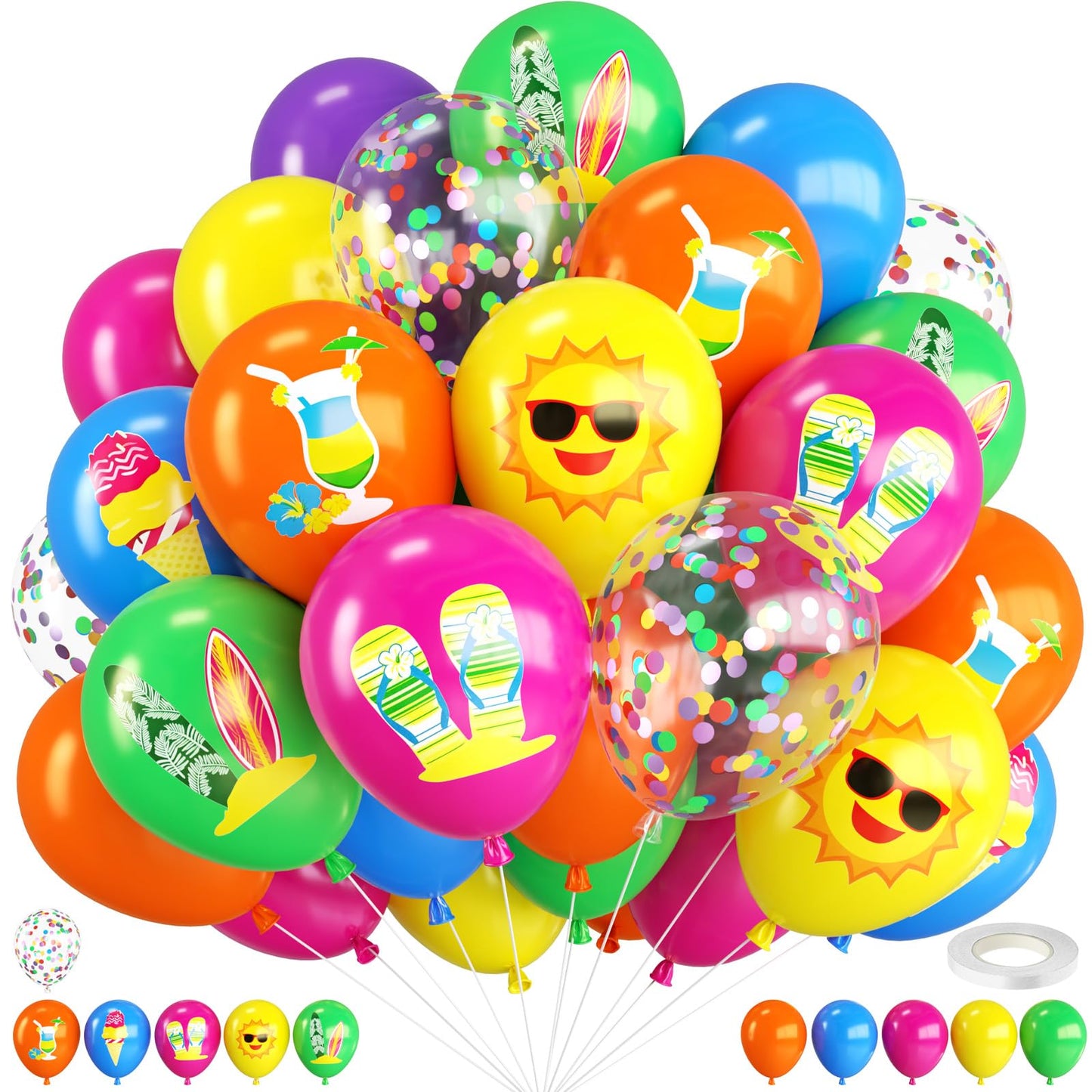 Rainbow Summer Balloons,12 Inch Hot Pink Orange Blue Green Rainbow Beach Printed Balloon with Ribbon,for Summer Beach Birthday Party Decorations