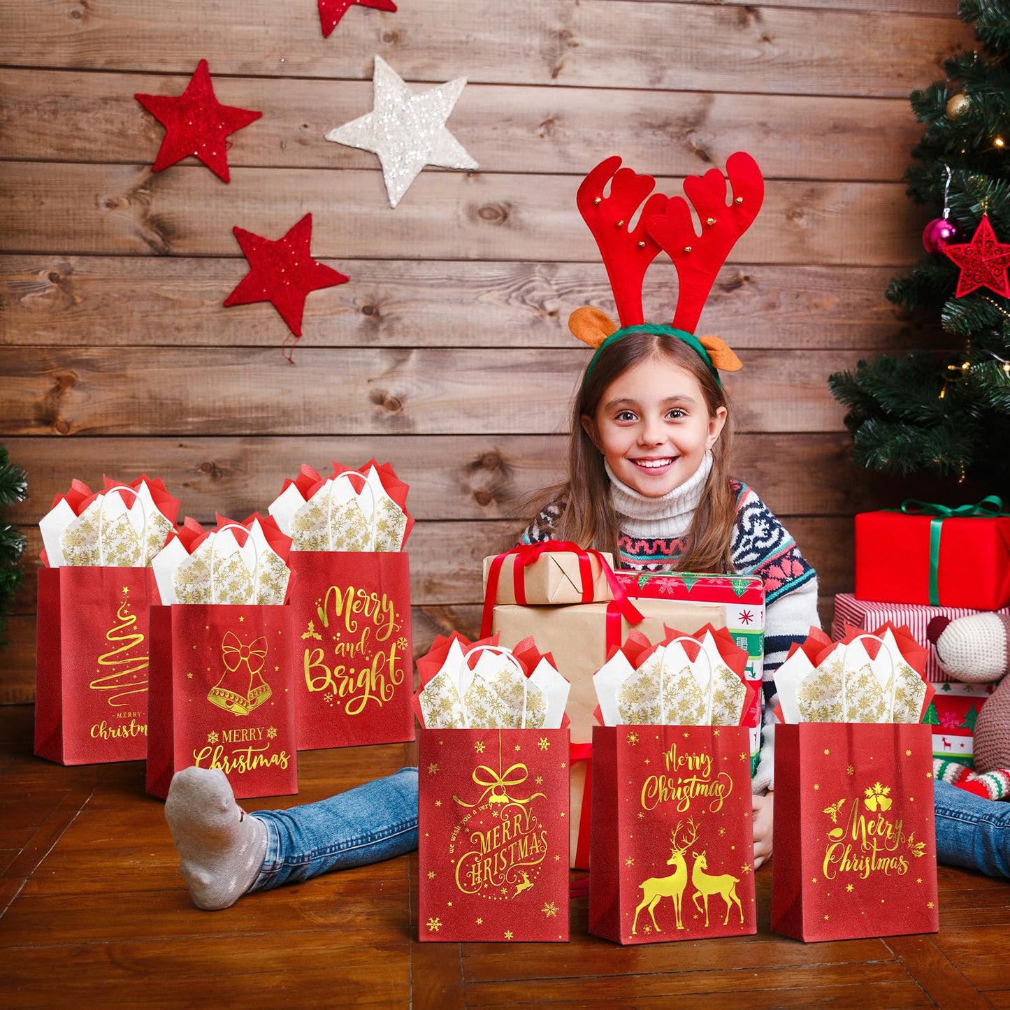 24 Pcs Christmas Gift Bags, Red Glitter Christmas Bags for Gifts with Tissue Paper, 6 Styles Red and Gold Foil Paper Goodie Bag with Handles, Bulk Xmas Holiday Reusable Party Favor Treat Bag