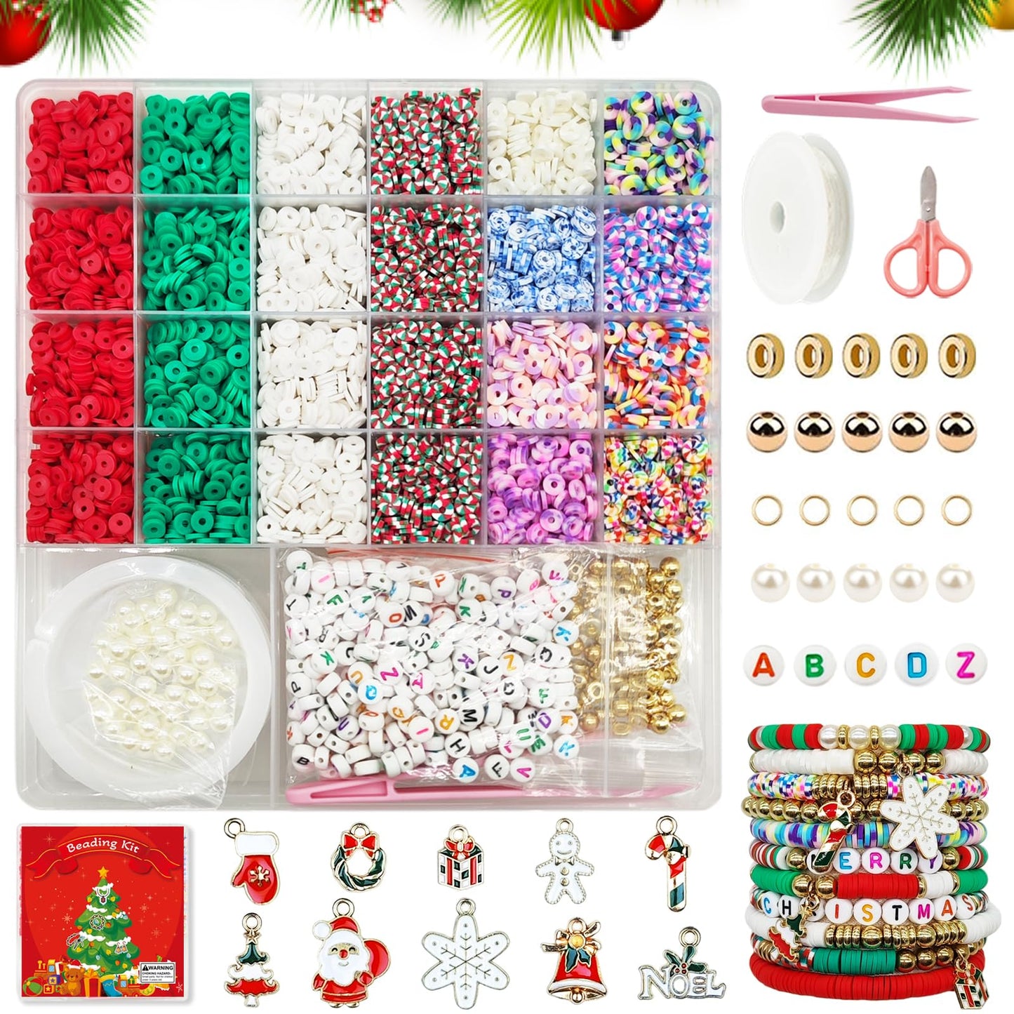 Dayify Christmas Bracelet Making Kit, Christmas Clay Beads Kit for Bracelets, Gold Beads Letter Beads Friendship Bracelet Kit with Christmas Charms for Jewelry DIY Craft Girls Adults Gift