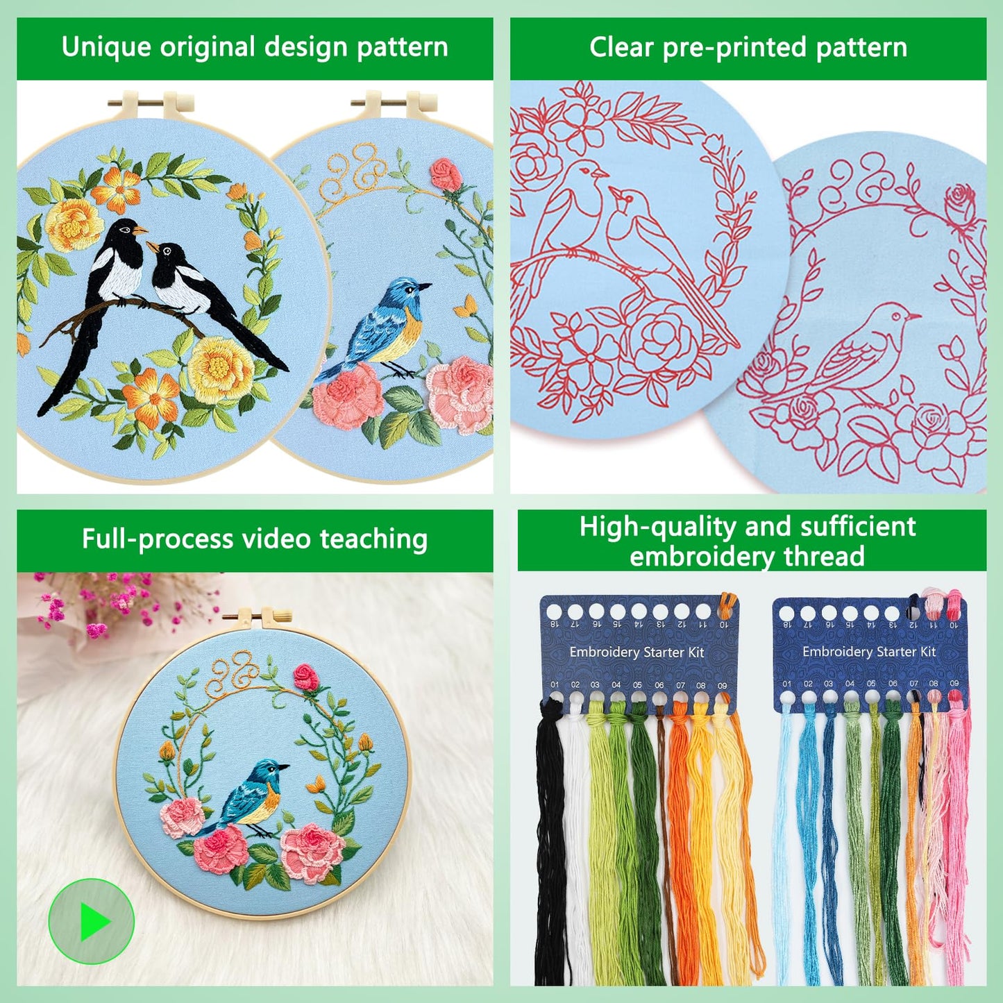 Embroidery Kit for Beginners Adults,Bird-Hummingbird Embroidery Kit Cross Stitch Kits for Beginner Easy to Learn Stitches Instruction Video Stamped Embroidery Pattern Flowers B2-2 Sets