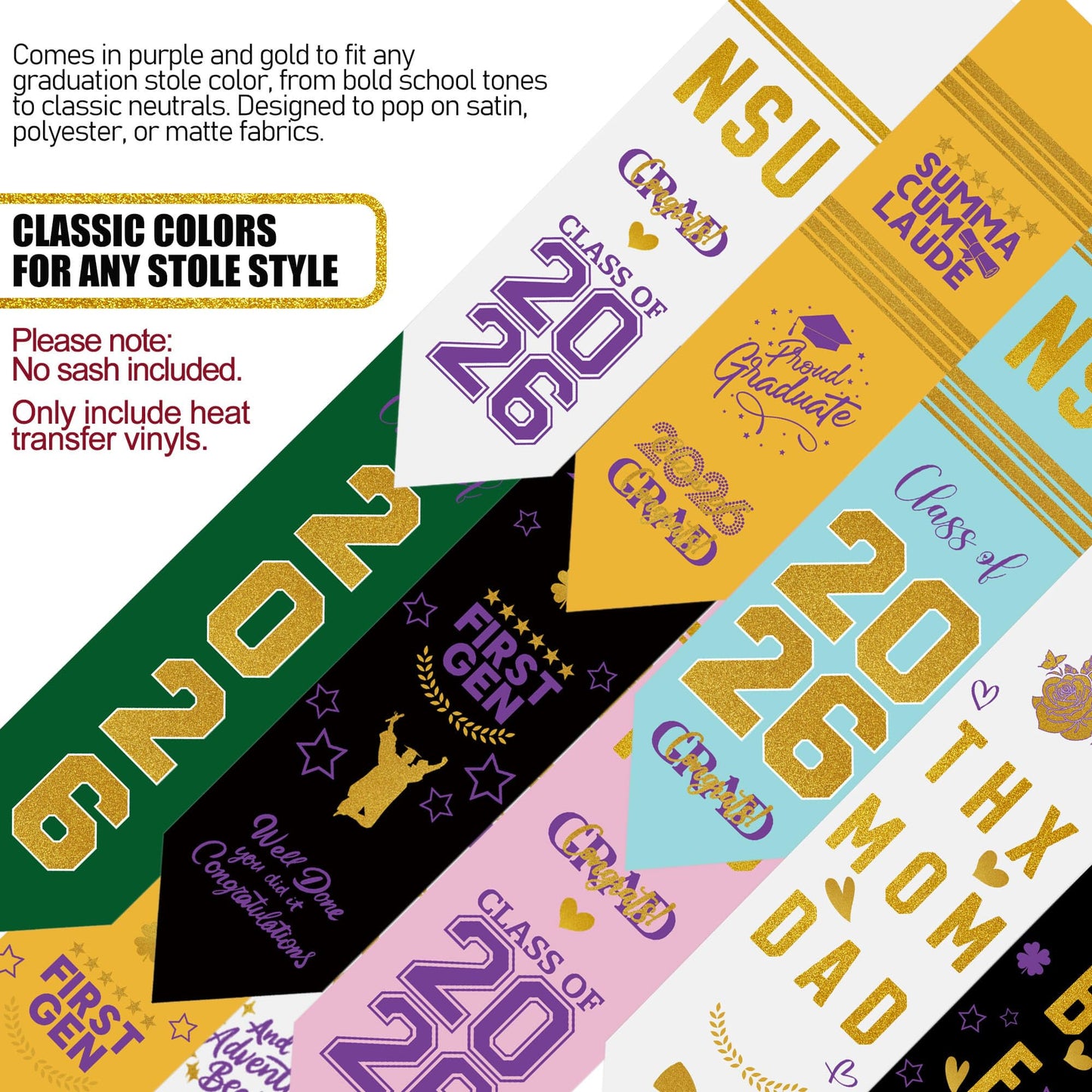 Senior College First Generation Graduation Stole Sash Class of 2026 Decorations DIY Customize Grad Stole Sash Personalized Iron-On Decals Heat Transfer Vinyl HTV Cutouts Set, Purple Gold