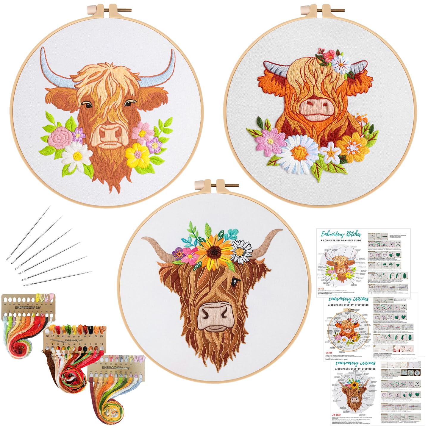 3 Sets Embroidery Kits for Beginners,Cross Stitch Kit for Adults,Starters DIY Needlepoint Including Hoop -Highland Cow and Florals Pattern