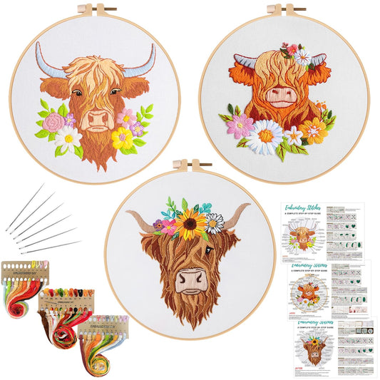 3 Sets Embroidery Kits for Beginners,Cross Stitch Kit for Adults,Starters DIY Needlepoint Including Hoop -Highland Cow and Florals Pattern
