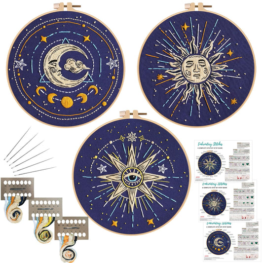 Louise Maelys 3 Set Tarot Embroidery Kits for Beginners,Cross Stitch Kit for Adults,Starters DIY Needlepoint Including Embroidery Cloth with Sun Moon Star Evil Eye Pattern and Instructions