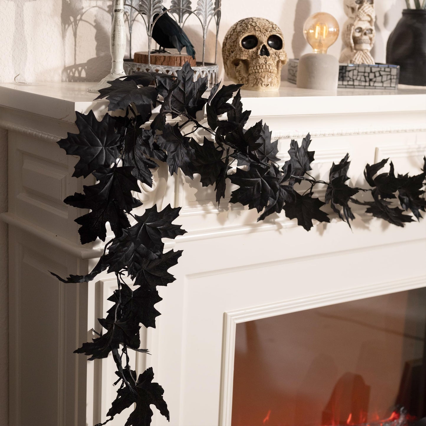 Valery Madelyn 9ft Halloween Garland with Lights, Thick Pre-Lit Light Up Black Maple Leaf Garland Halloween Decor for Mantle Fireplace Table Home Indoor
