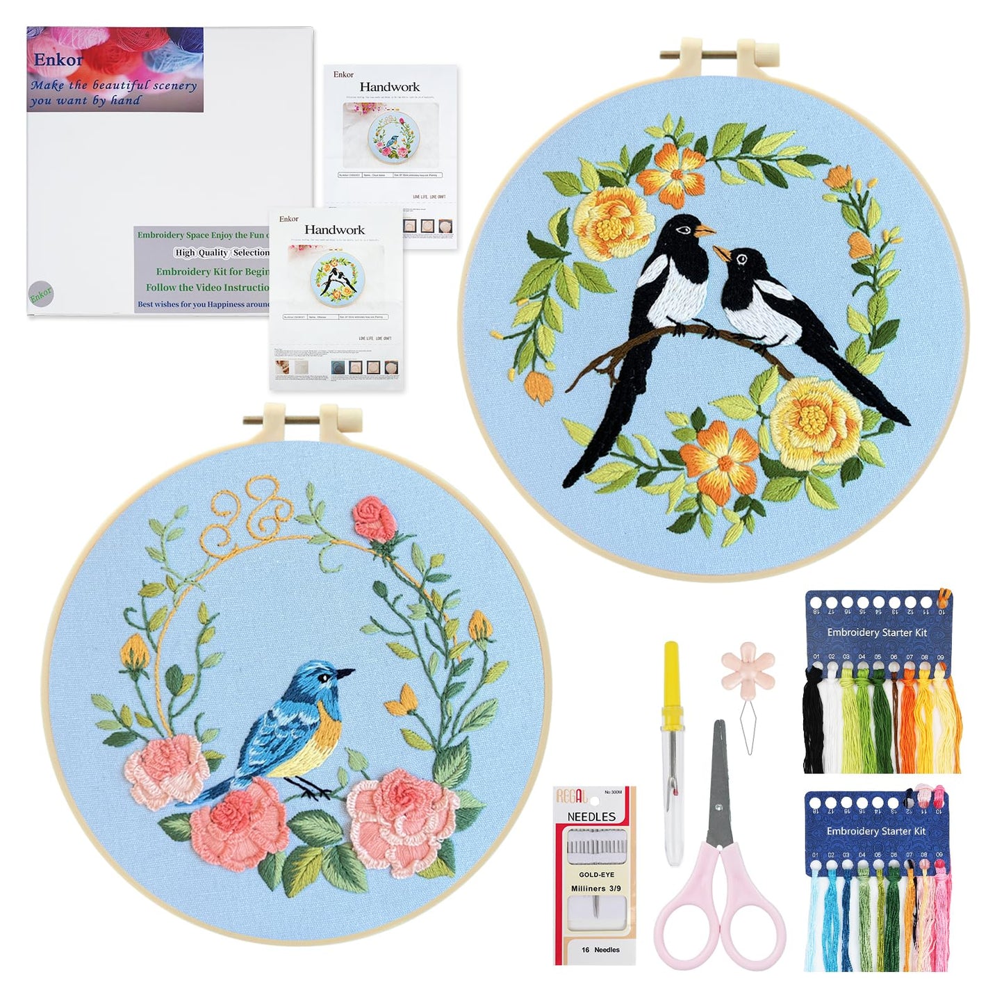 Embroidery Kit for Beginners Adults,Bird-Hummingbird Embroidery Kit Cross Stitch Kits for Beginner Easy to Learn Stitches Instruction Video Stamped Embroidery Pattern Flowers B2-2 Sets