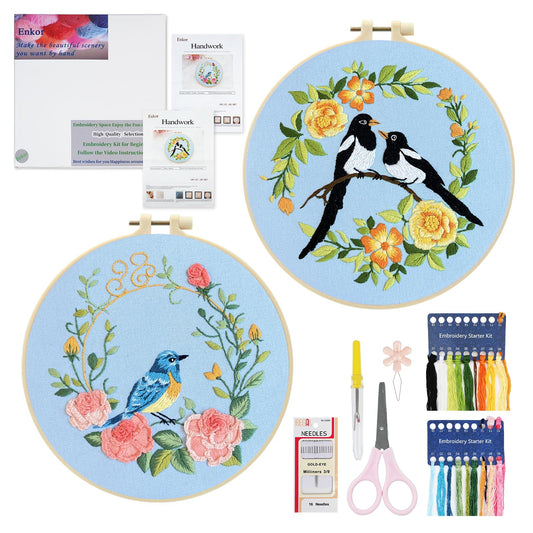 Embroidery Kit for Beginners Adults,Bird-Hummingbird Embroidery Kit Cross Stitch Kits for Beginner Easy to Learn Stitches Instruction Video Stamped Embroidery Pattern Flowers B2-2 Sets