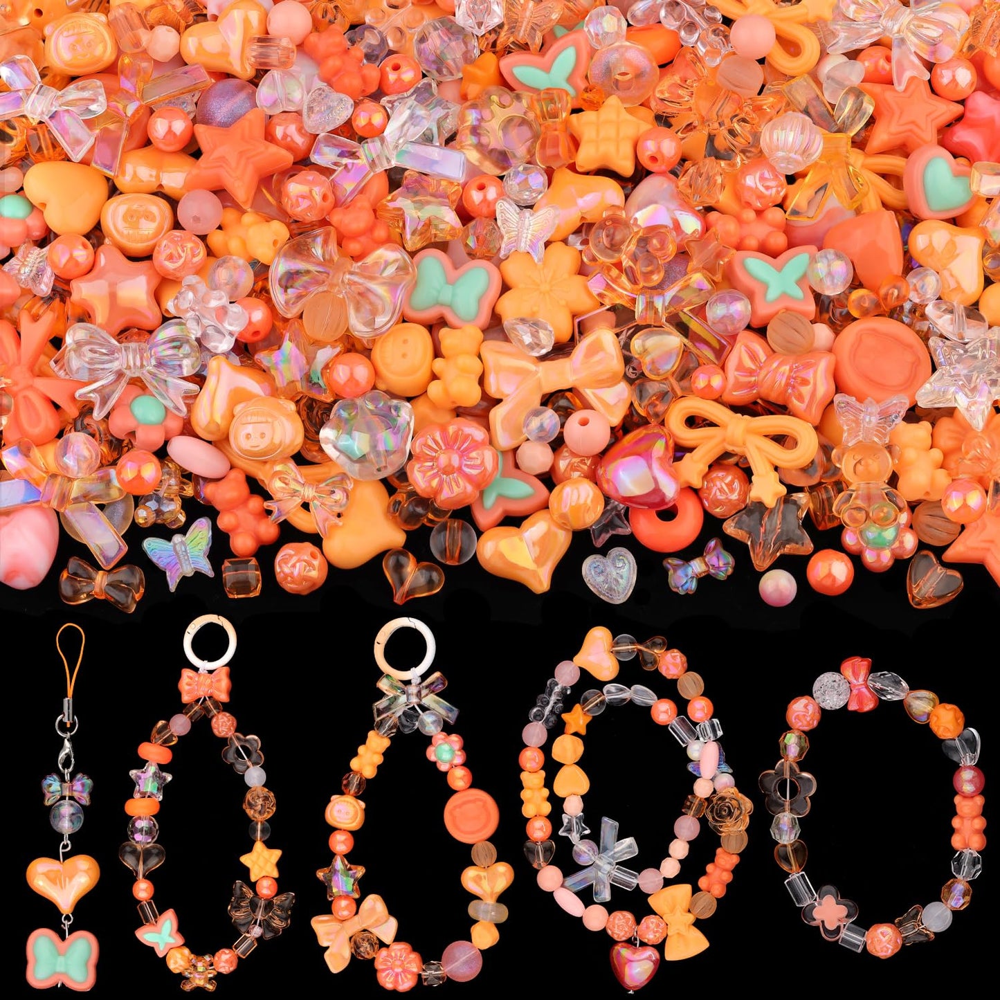 TINKRSTUFF Assorted 170-230PCS Orange Acrylic Beads for Bracelet Making, Flower Bow Butterfly Candy GummyBear Aesthetic Bracelet Charms,Cute Beads for Jewelry Making DIY Necklace Keychain Phone Charm