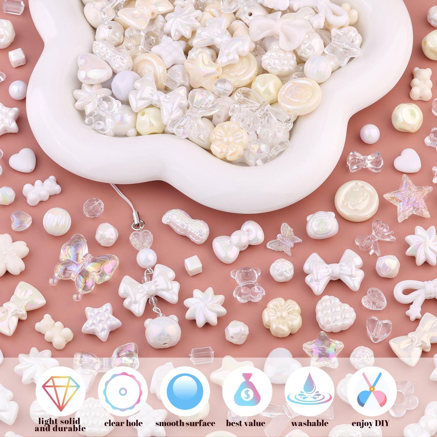 TINKRSTUFF Assorted 170-230PCS White Acrylic Beads for Bracelet Making, Flower Bow Butterfly Candy GummyBear Aesthetic Bracelet Charms,Cute Beads for Jewelry Making DIY Necklace Keychain Phone Charm