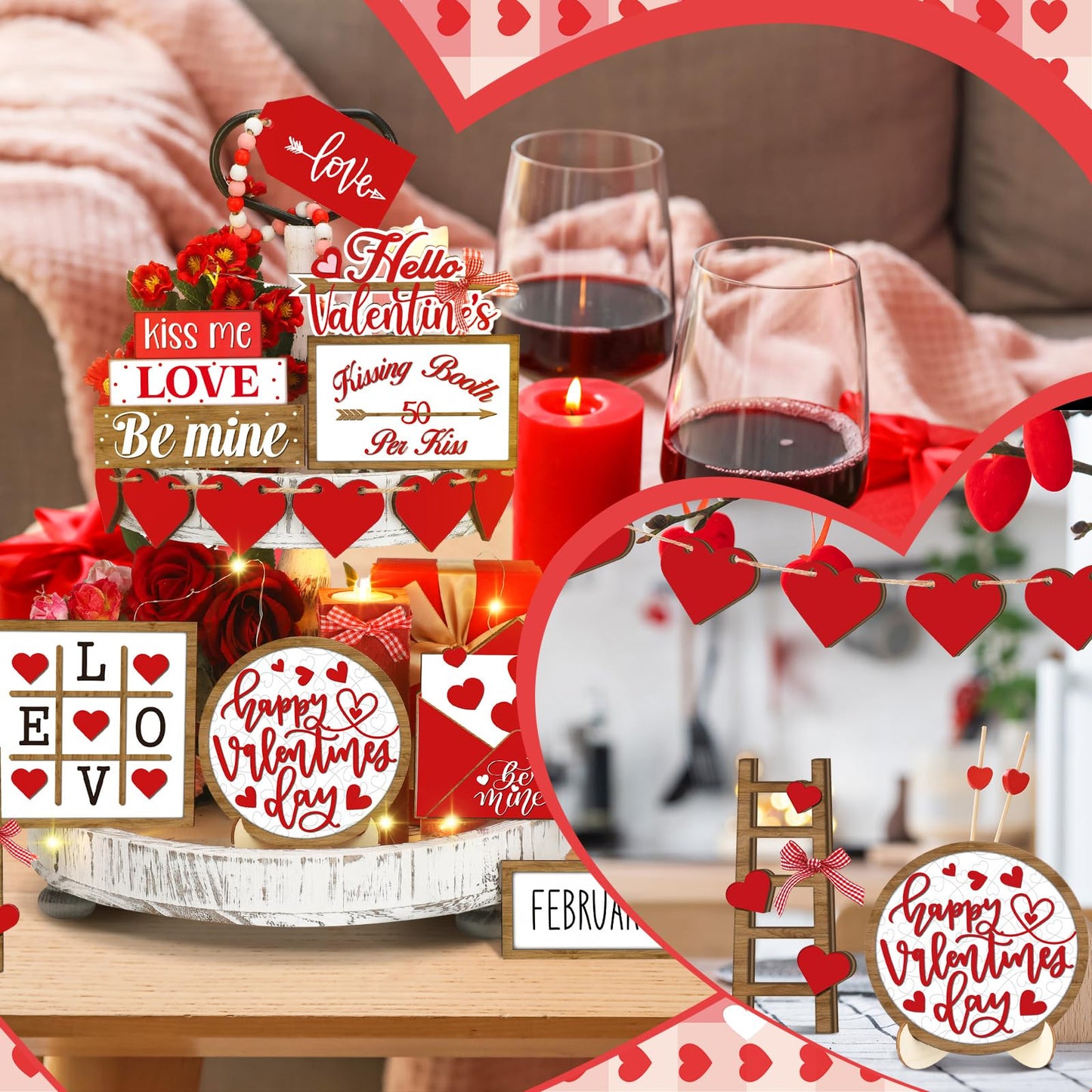15 Pcs Valentine's Day Tiered Tray Decor Set Farmhouse Wood Valentine's Day Table Decorations Tabletop Rustic Wooden Red Love Heart Be Mine Kiss Me Table Signs for Wedding Party Gift