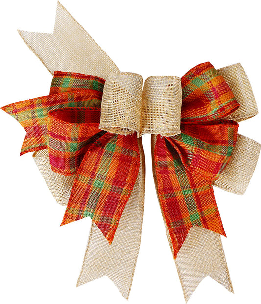 SIMISI RIBBON Fall Bows for Wreaths Orange Buffalo Plaid Burlap Bow for Thanksgiving Tree Topper, Home Indoor Outdoor Decorations (9.5 x 13 inch)