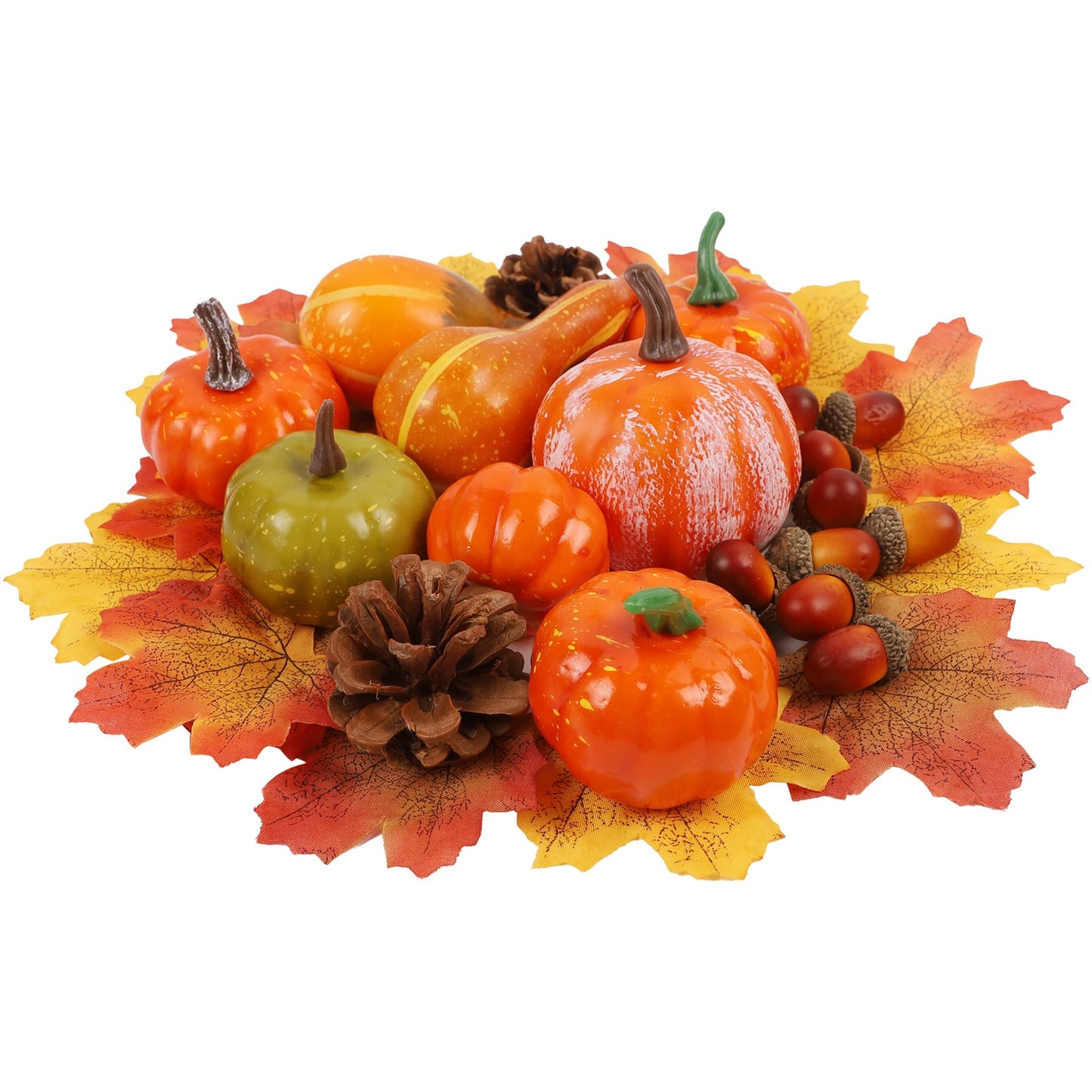 winemana Thanksgiving Fall Decorations for Home-6pcs Mini Pumpkins & 2pcs Gourds, 30pcs Leaves & 10pcs Acorns, 2pcs Pinecones Centerpiece Set-Harvest Decor for Table Mantel (Largest: 4.5" x 2.1")