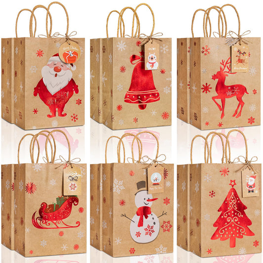 12 PCS Christmas Kraft Gift Bags, Small Treat Bags with Presents Tags, Christmas Paper Goodie Bags with Handle, Xmas Holiday Gift Bags for New Year Party Favors