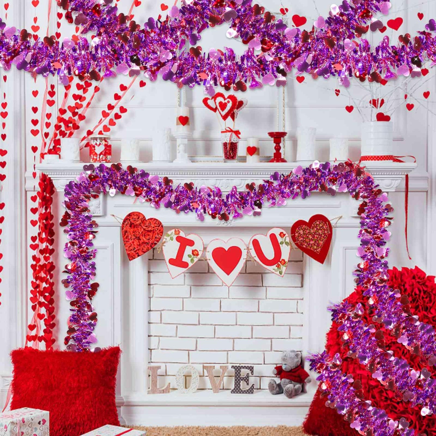 TURNMEON 33 Feet Valentines Day Decorations Heart Tinsel Garland, Red Pink Purple Metallic Garland Valentines Day Garland Decorations for Tree Home Indoor Outdoor Wedding Hanging Galentine's Day Decor